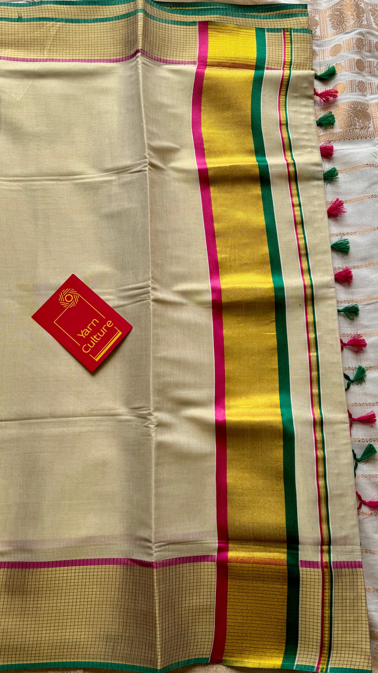 Ivory and gold soft tissue cotton saree, pink and green, checkered border - YCIEON77