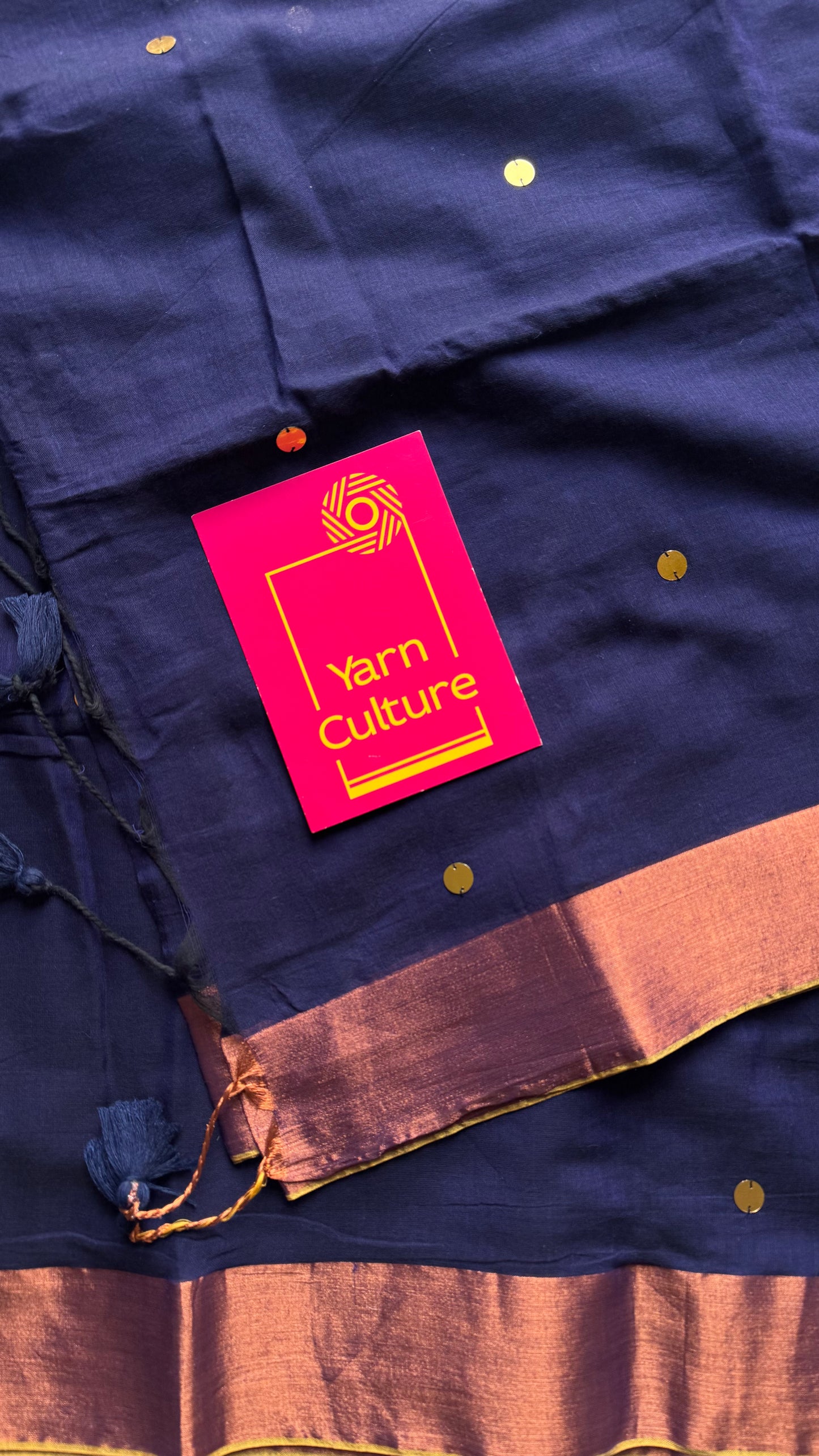 Dark blue mul with gini sequins and copper zari border - YCBCMCNO59