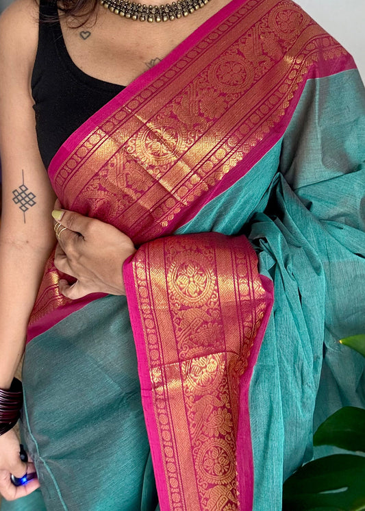 Jade green with ruby pink zari border chettinad cotton saree - YCCOTNCKSE14