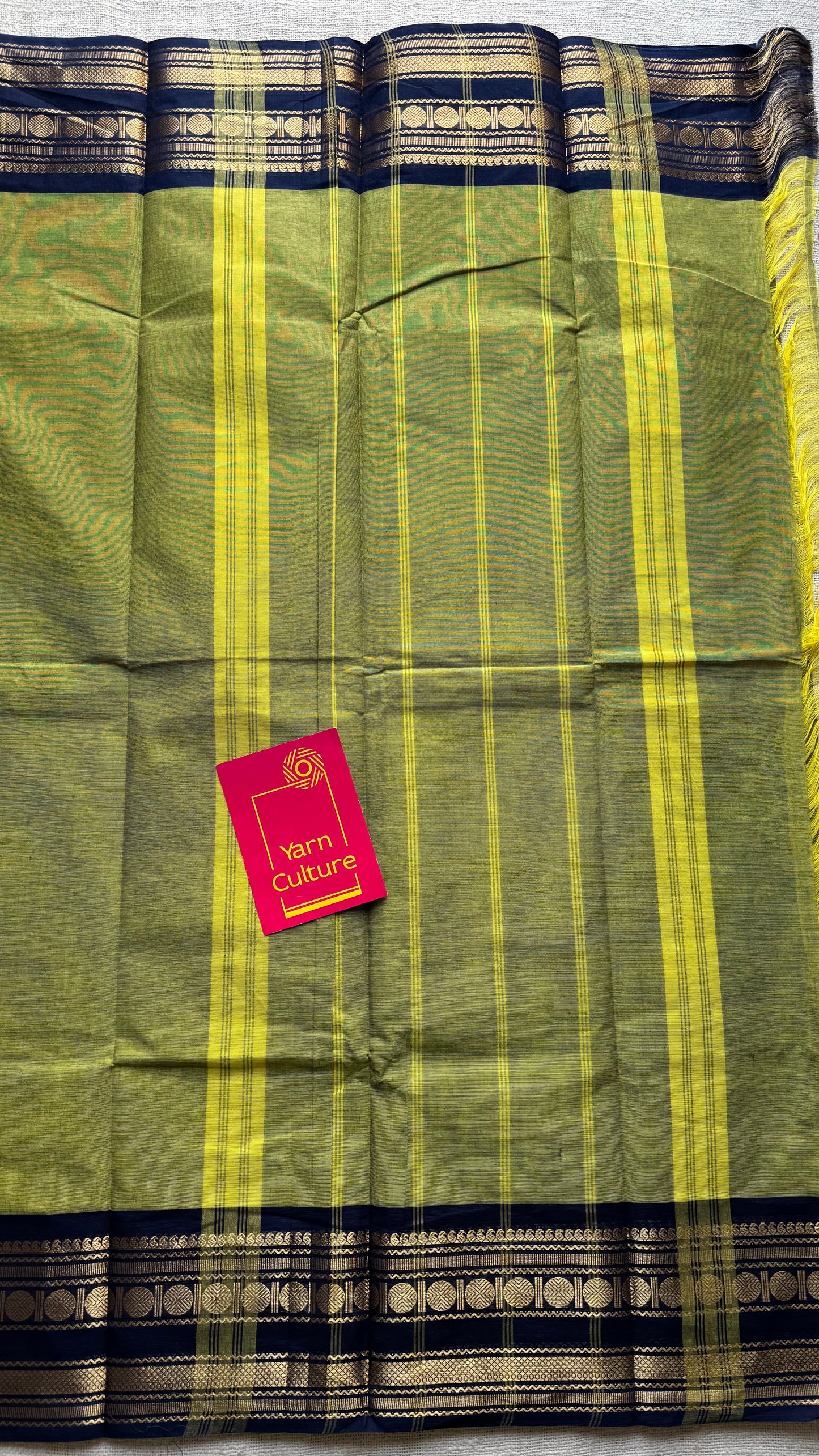 Light green with dark blue contrast border, kanchi cotton - YCCOTNKCDE85