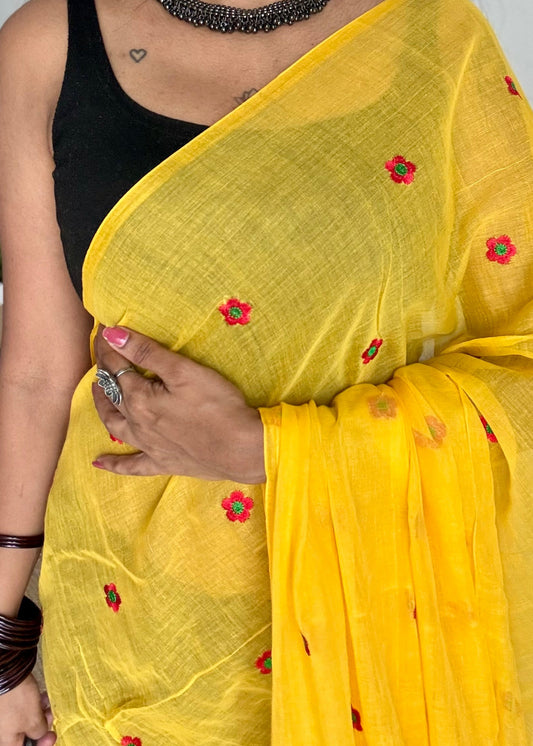 Yellow with red floral embroidered mul cotton saree  - YCBCMCAP47