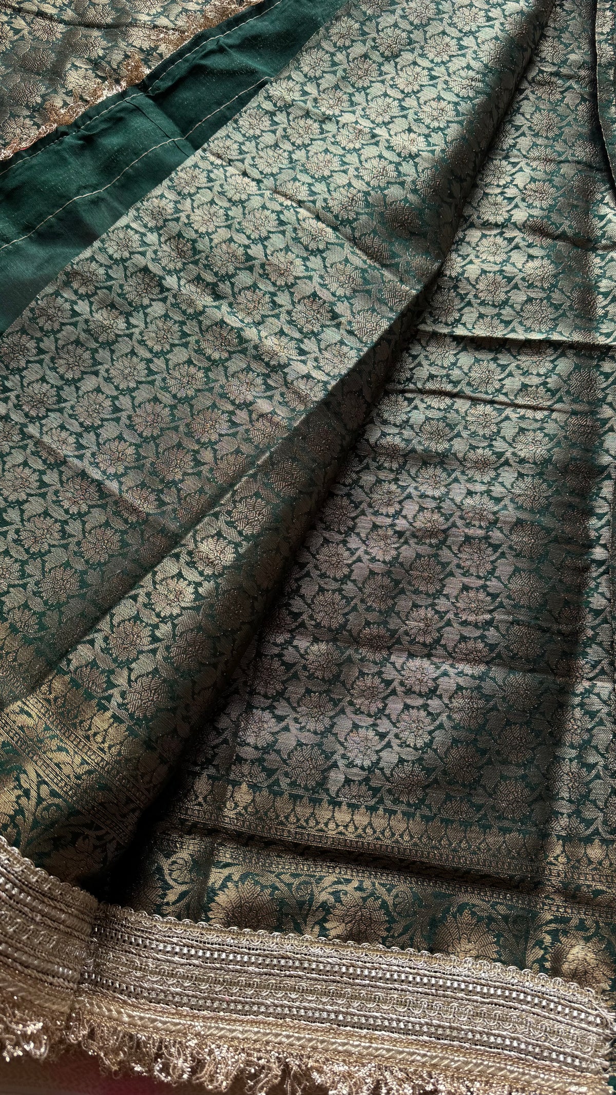 Dark green Banarasi semi-georgette saree with embellished lace border - YCBLTOC75