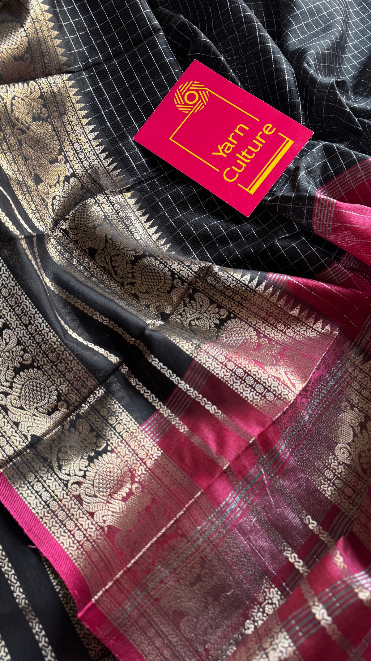 Black with dark pink silver zari checks, silver and gold peacock woven zari border, mangalgiri silk cotton, handwoven, soft, light weight - YCWOTDMSCOC123