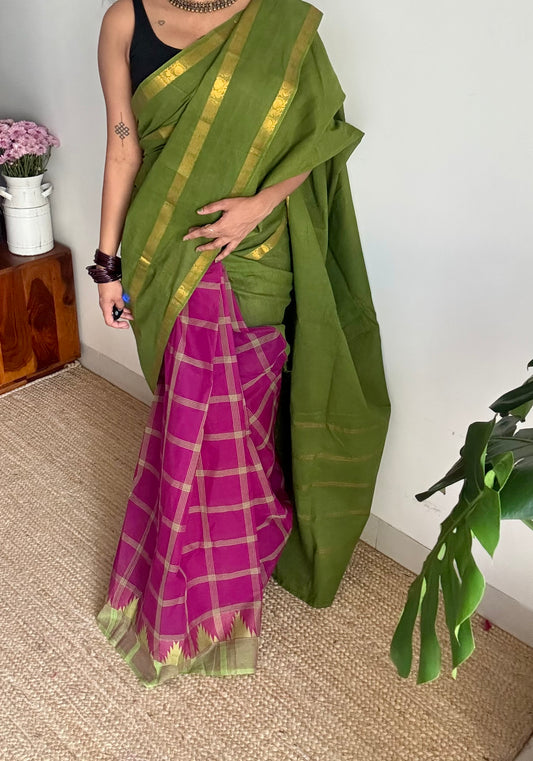 Green with multicoloured checks, sungudi and chettinad cotton half and half saree - YCCOTNIDOC148