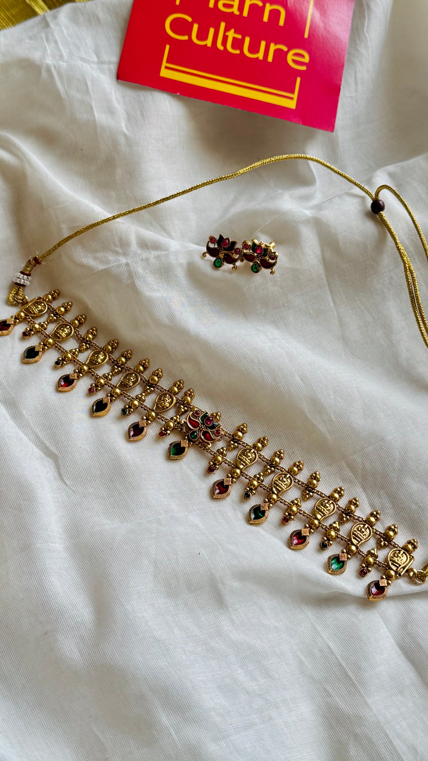 Mango coin necklace with ruby green drops, with earrings - YCGPNP734