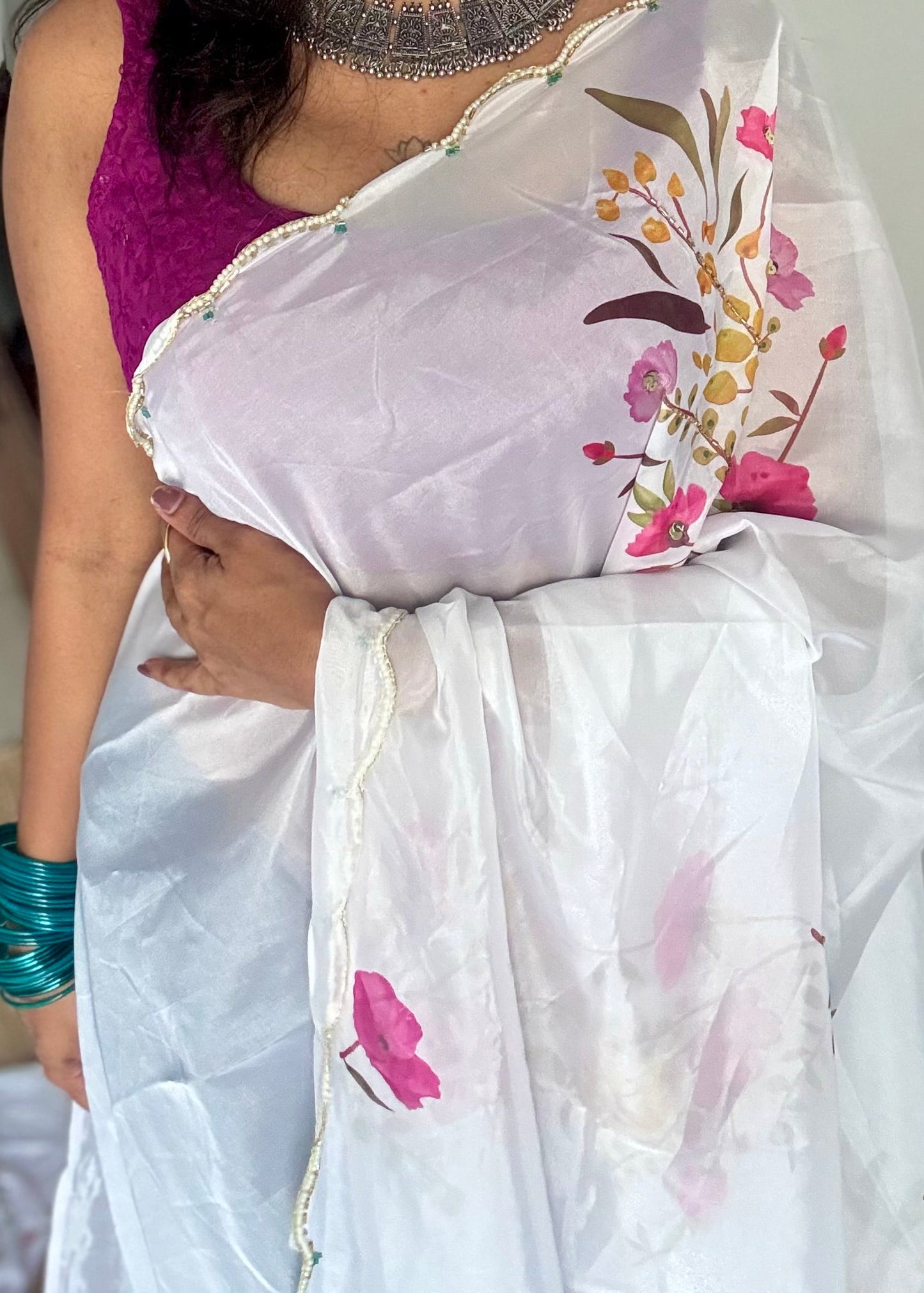 Snow Blossom - white floral handworked sequins work, tabby silk - YCDOSNO51