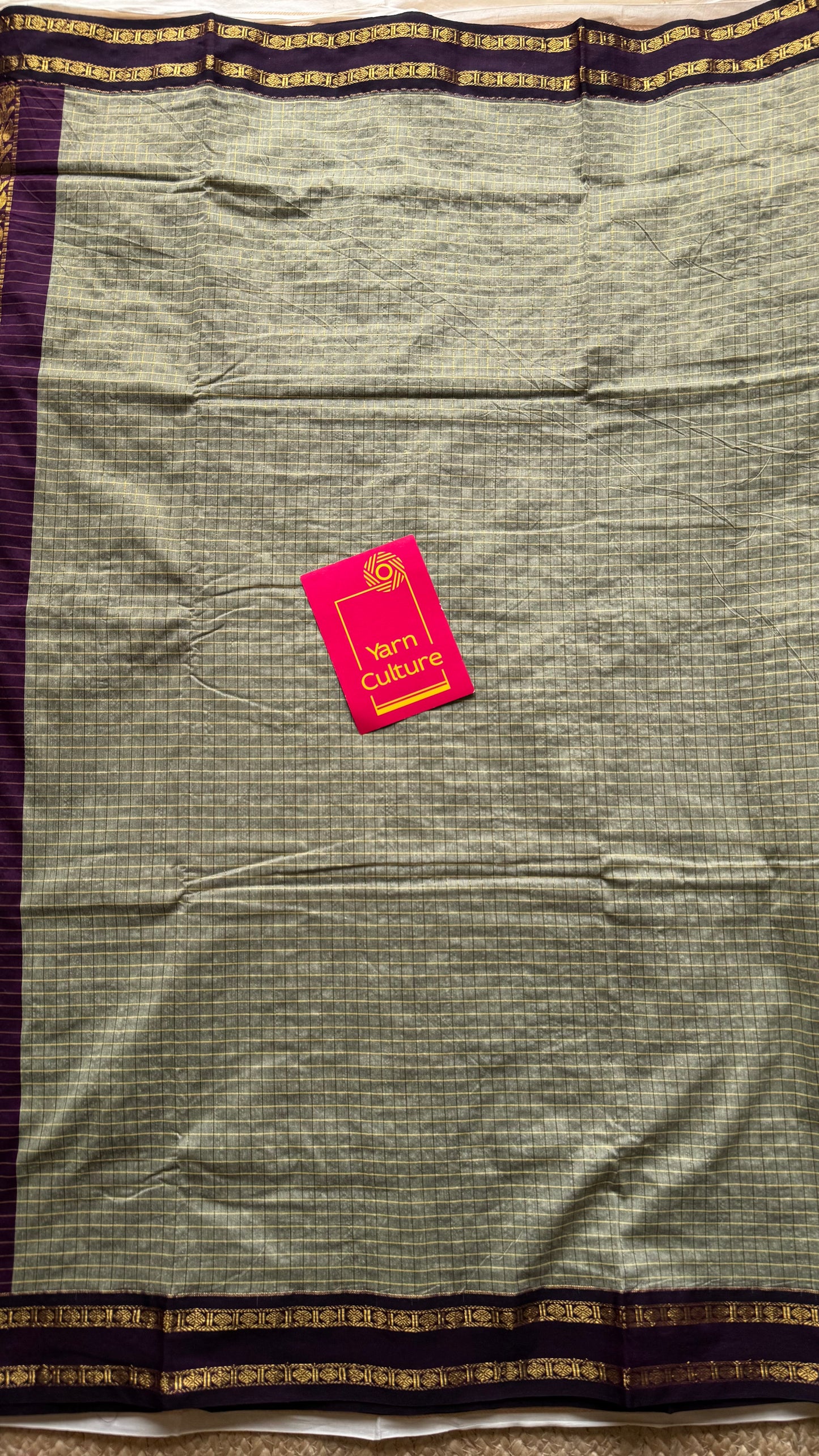 Grey with wine contrast arani checkered saree, cotton silk - YCCOTNMA276