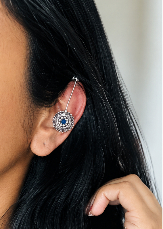 Bugadi clip-on (non pierced), blue stone, oxidised silver - YCOSEBU511