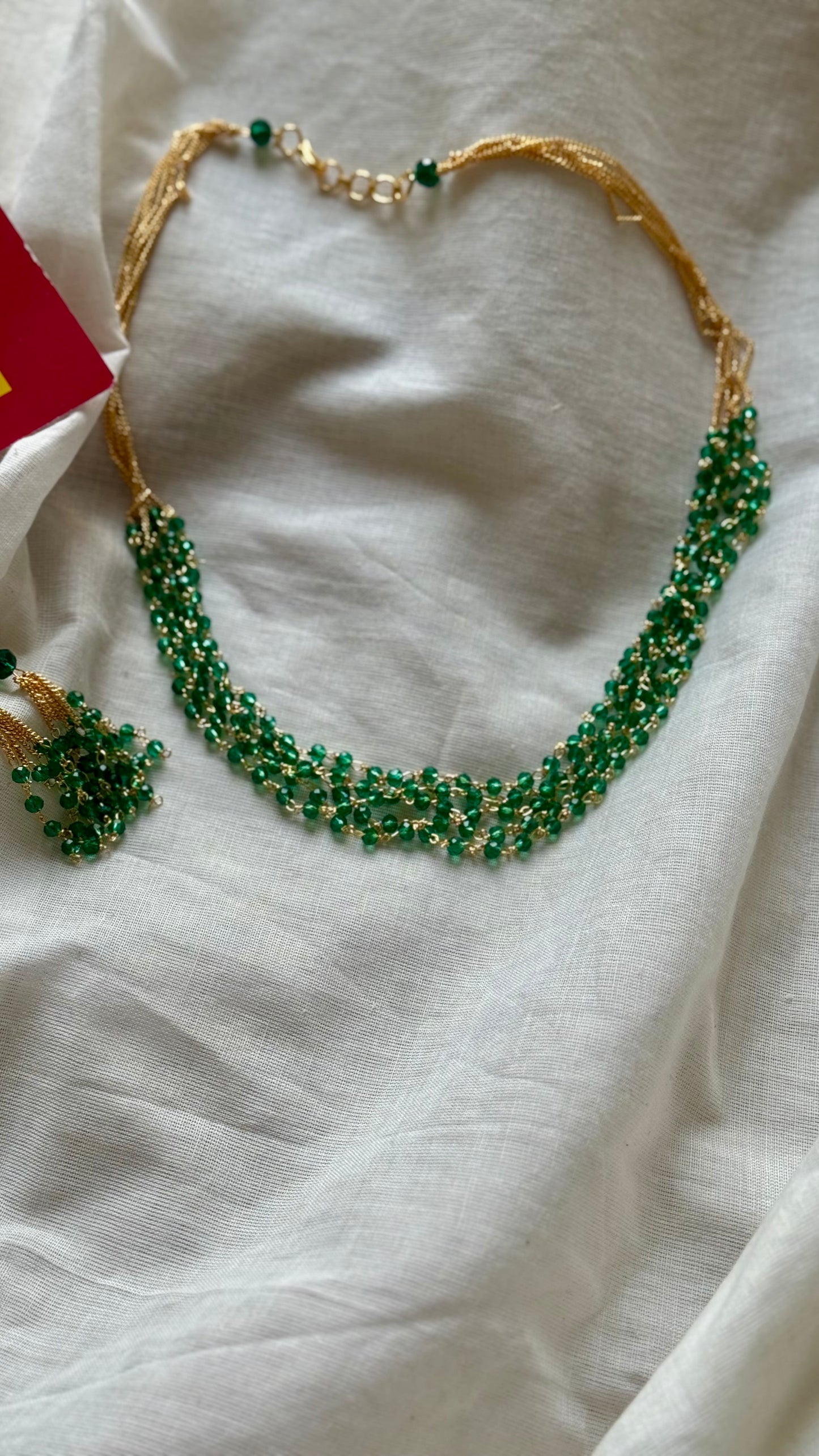 6 layered green beaded neckpiece with earrings - YCGPNP629