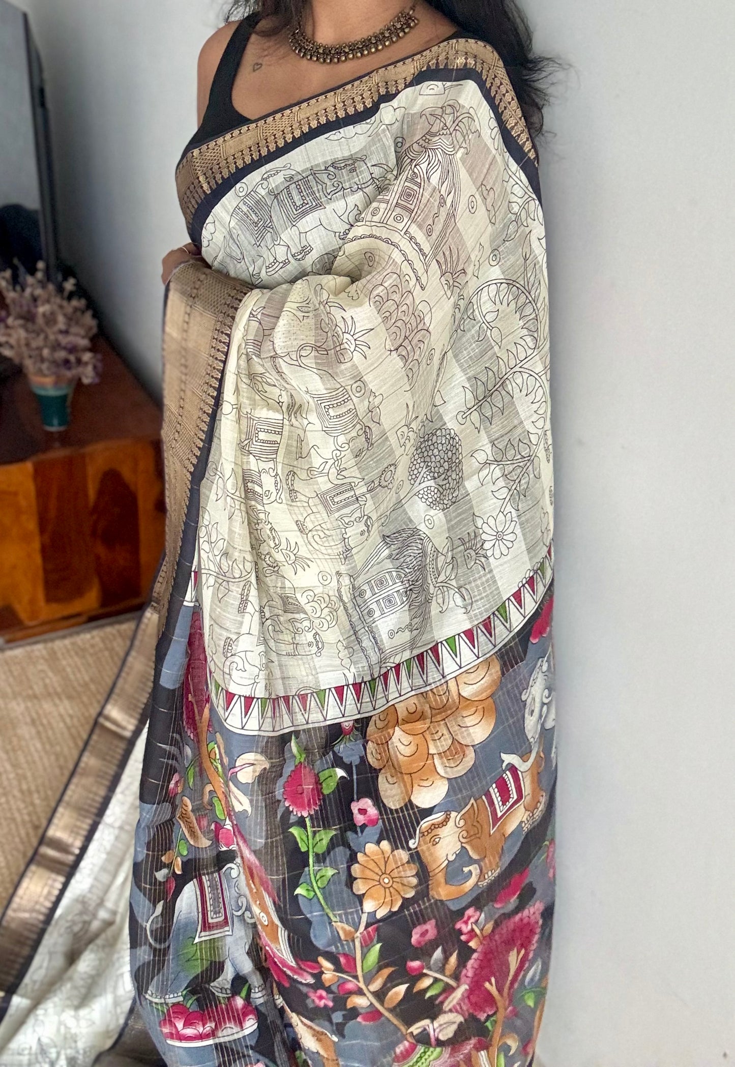 Off white and black, printed kalamkari, semi-tussar - YCWOTDSTK08