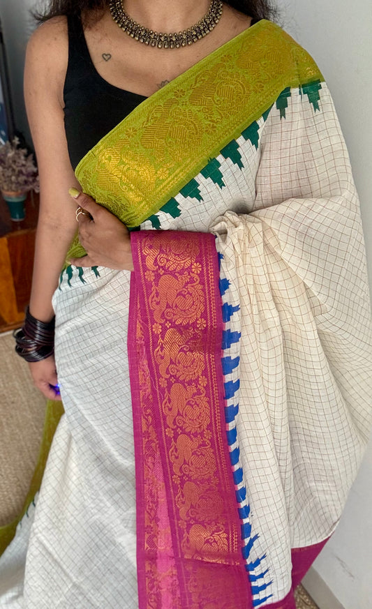 Sungudi cotton checks, ivory gold base, green and magenta dual tone border, soft cotton - YCCOTNSEMS60