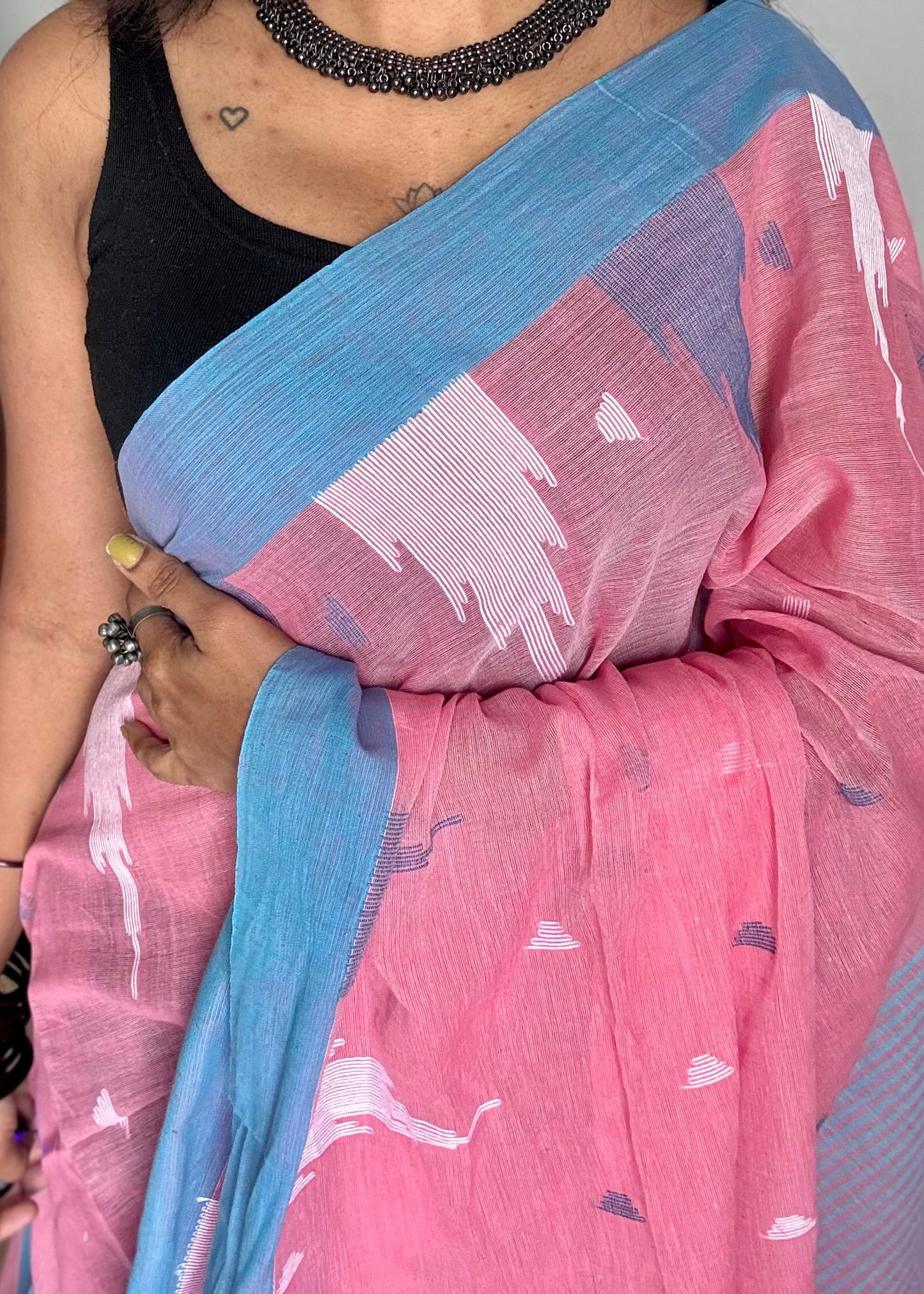 Peach pink with blue borders, temple motif woven threadwork, soft cotton - YCBCMKCDE31