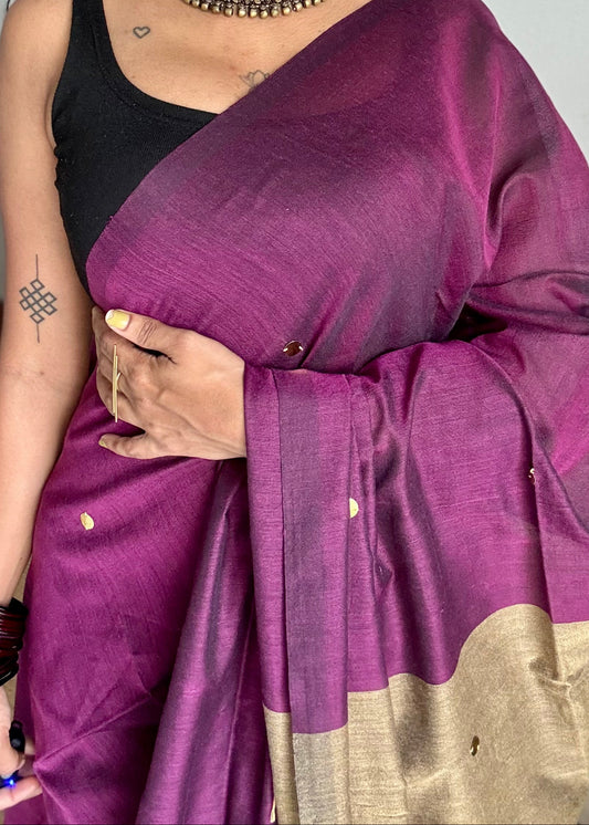 Wine with warm grey contrast pallu, gini sequins, soft cotton saree - YCBCSCOC02