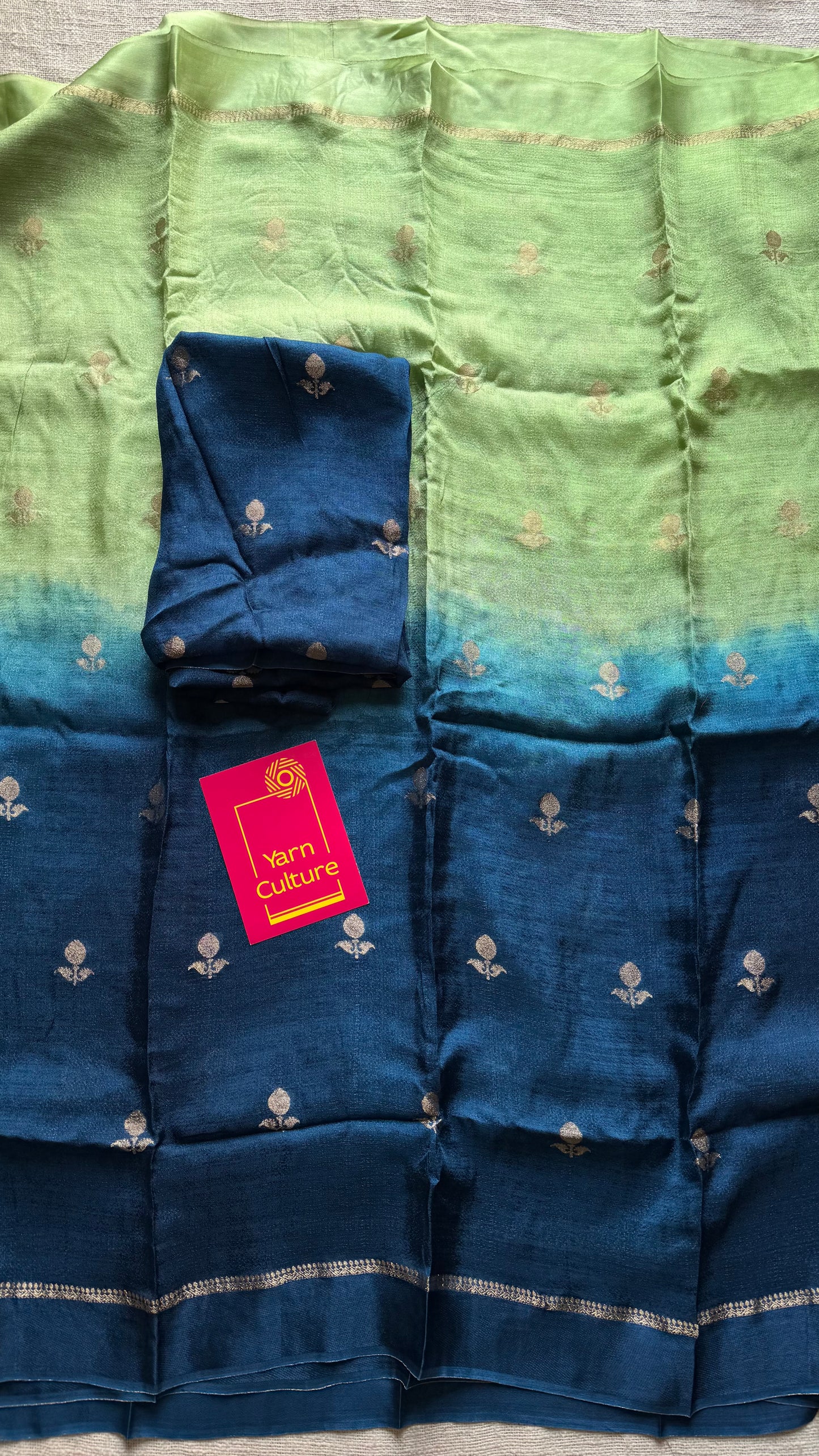 Pista green peacock blue dual tone in viscose soft silk with satin border, jacquard zari motifs - YCDOSFE195