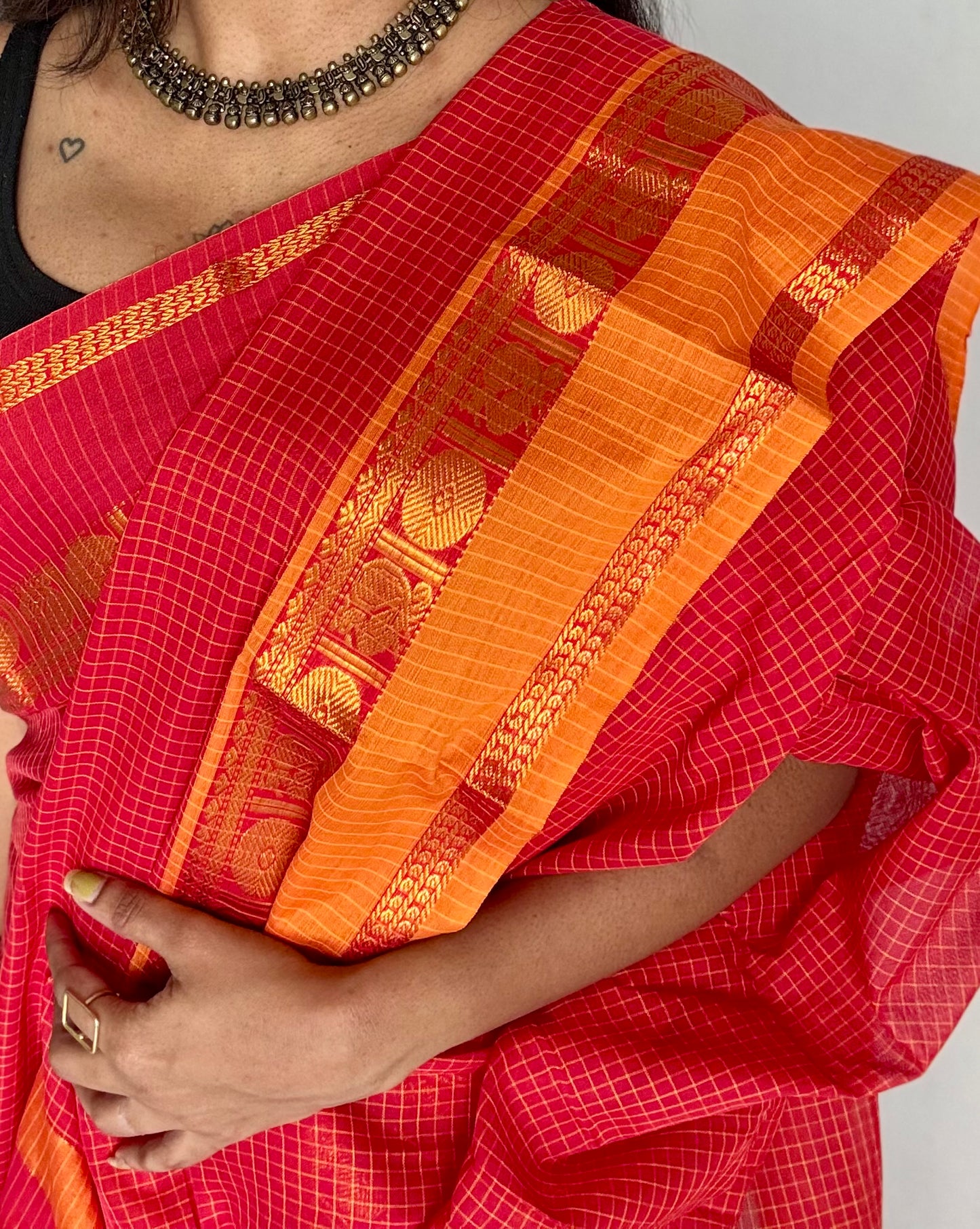 Red checks with red and yellow ganga jamuna borders, premium narayanpet soft cotton - YCWOTDNPJA158