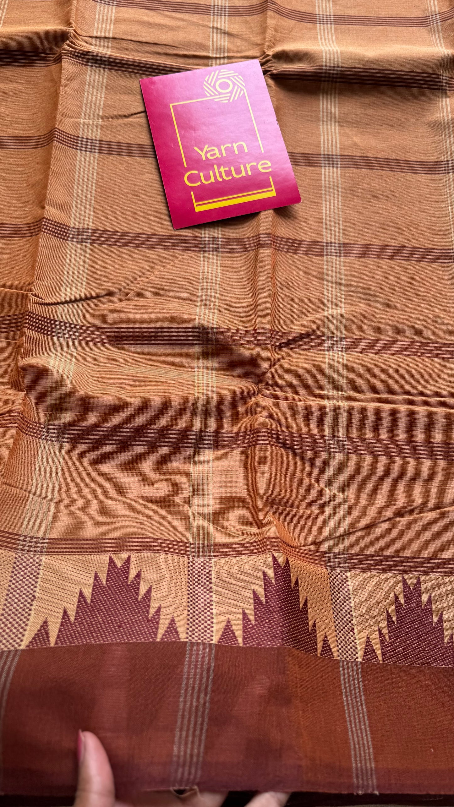 Chettinad cotton saree with light brown and dark brown checks, temple motif border - YCCOTNAP71