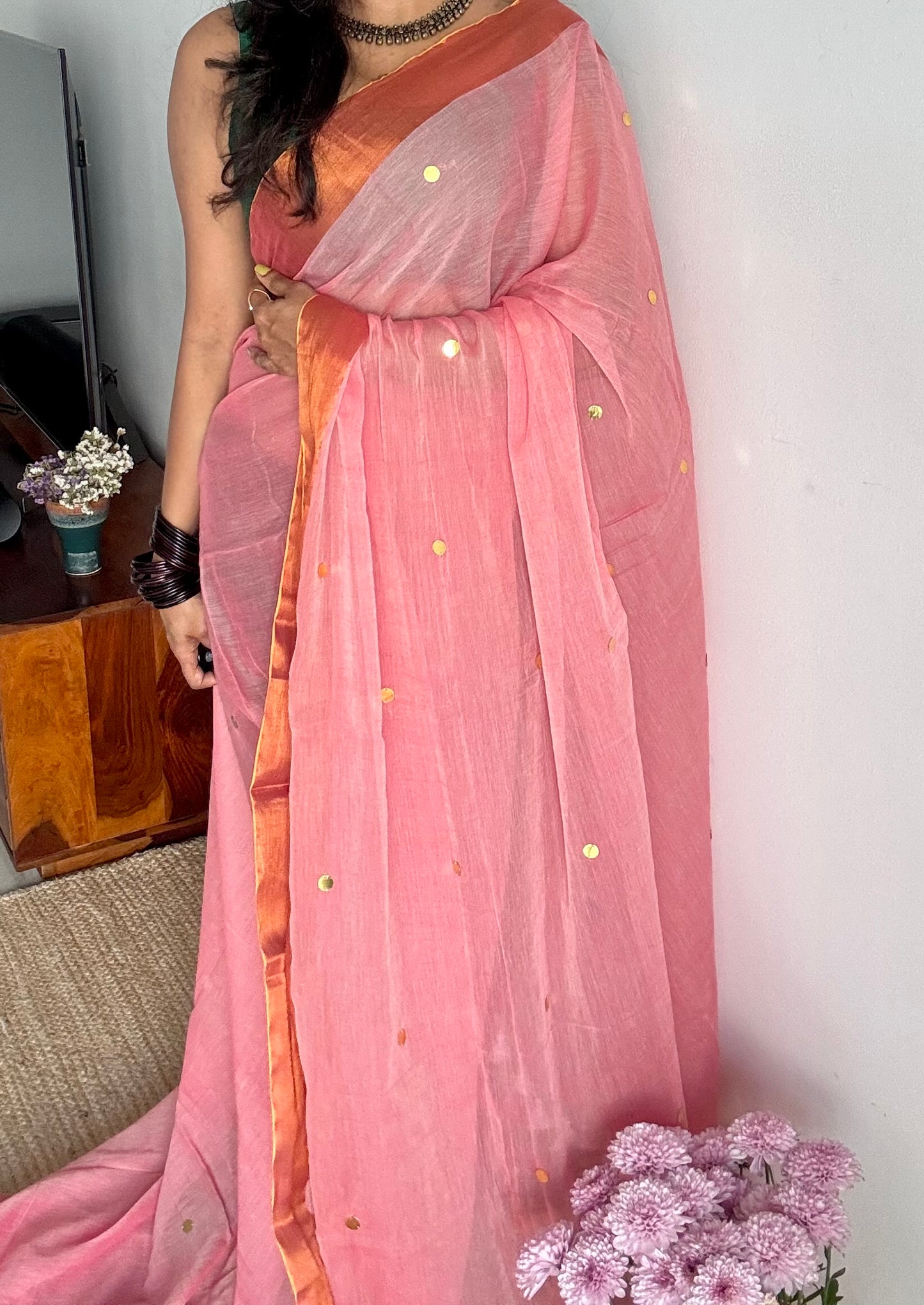 Pink mul with gini sequins and copper zari border - YCBCMCNO58