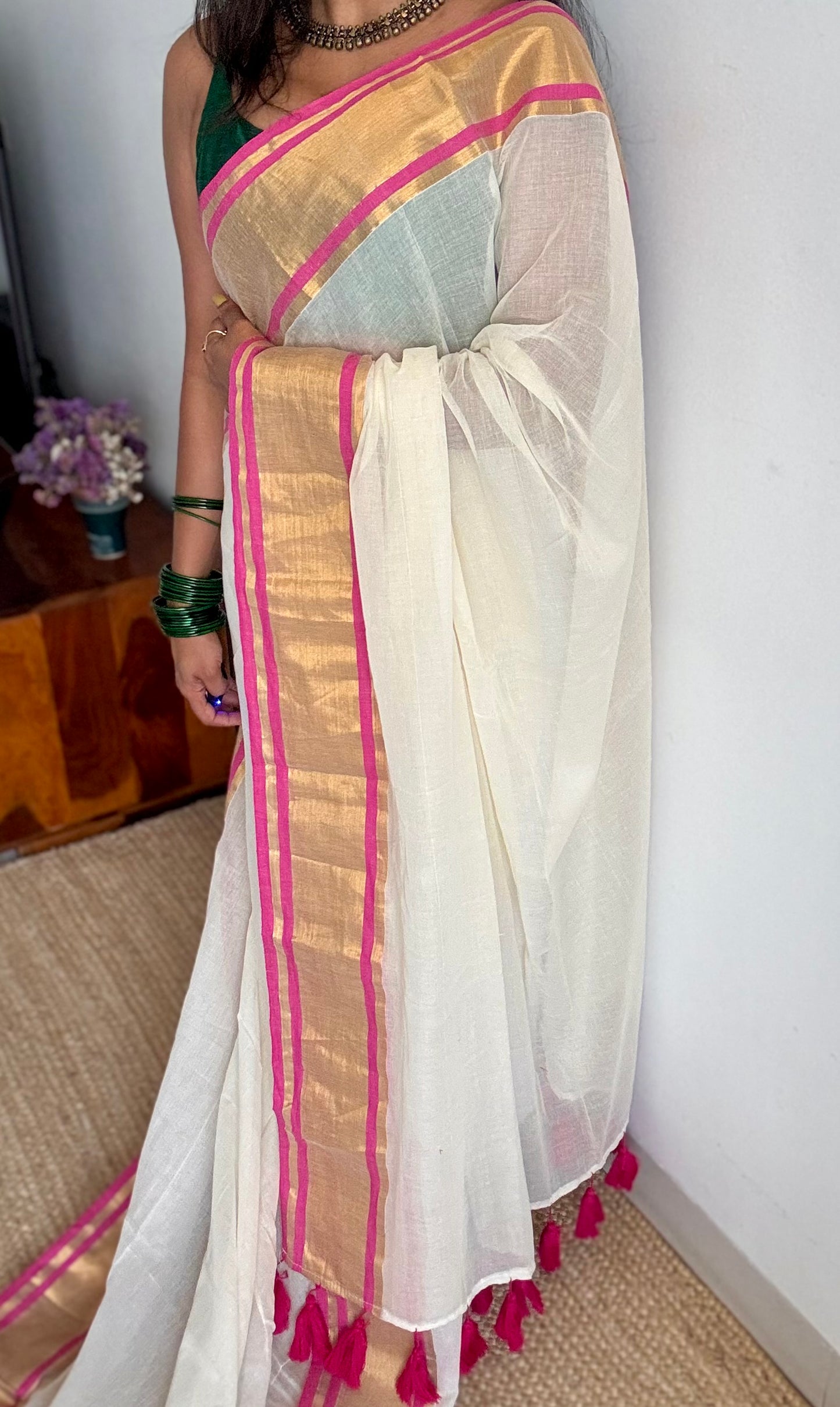 Ivory mul saree with gold zari border with hot pink highlights - YCIEBCFE326