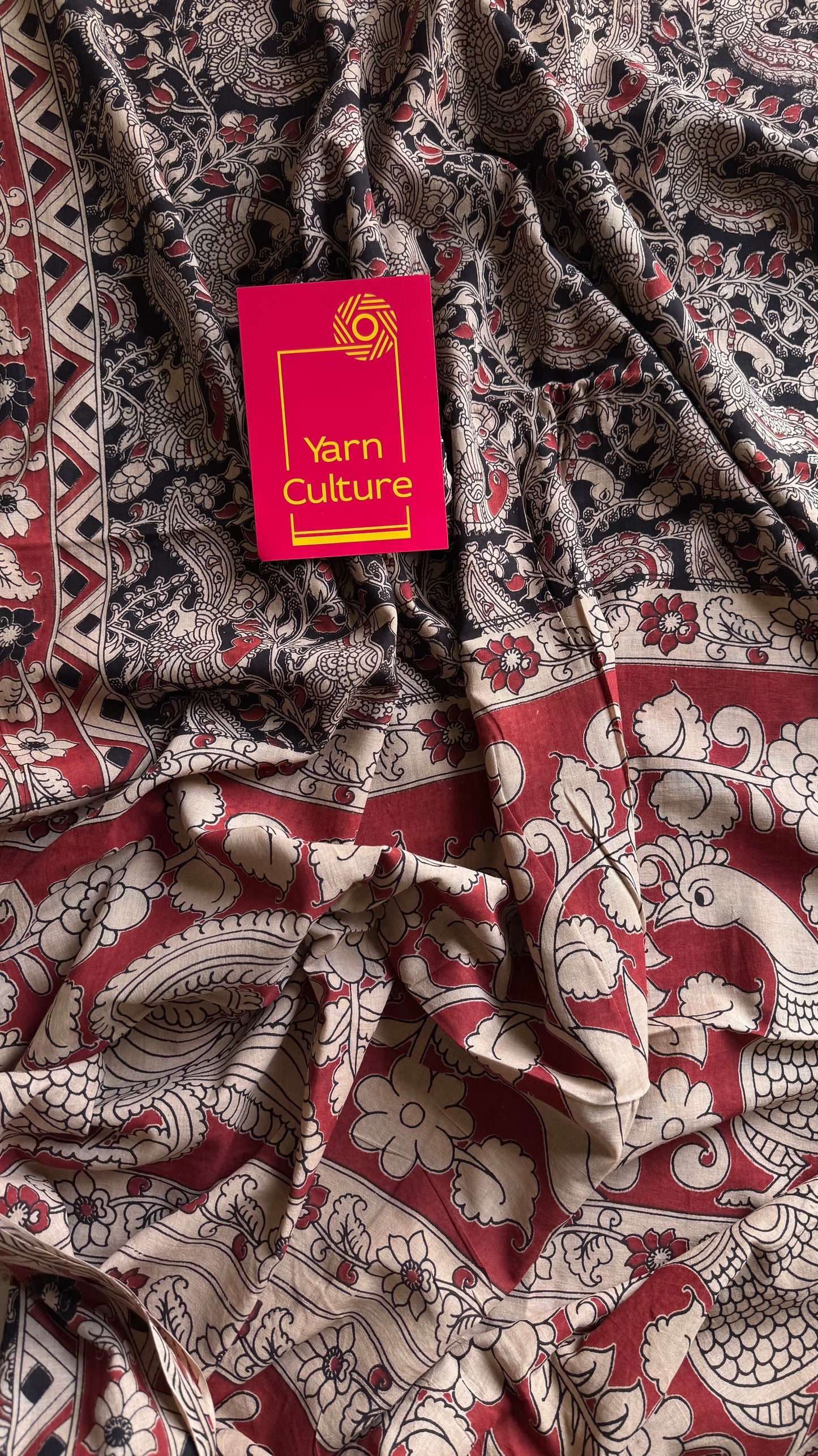 Black with red kalamkari saree, floral vines, soft cotton - YCWOTDMA352