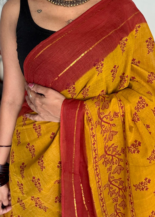 Mustard yellow with burnt red contrast, kattuchayam dyed madurai cotton saree - YCCOTNMA247