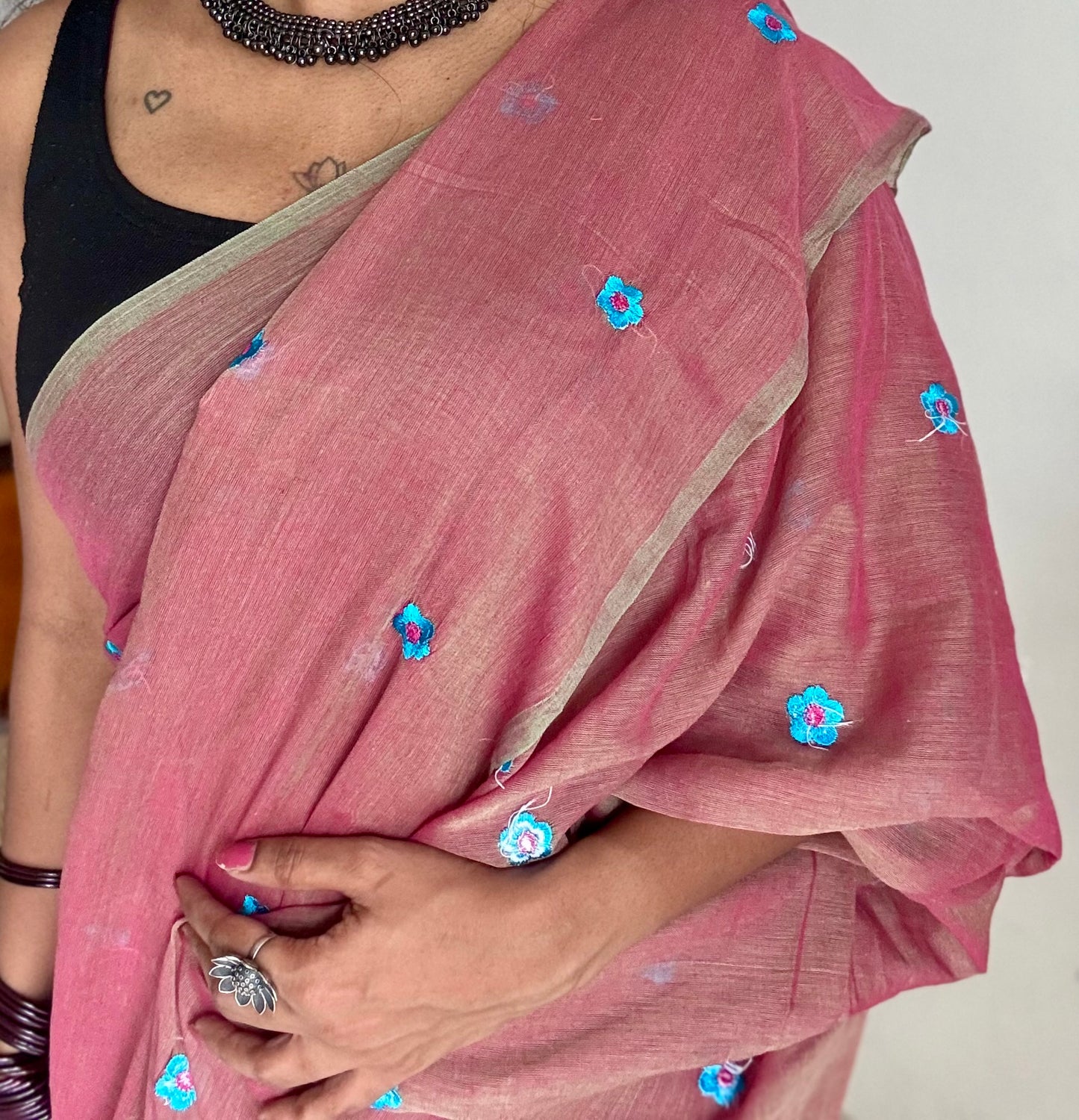 Dusty pink with grey dual tone, blue floral embroidered mul cotton saree  - YCBCMCAP44