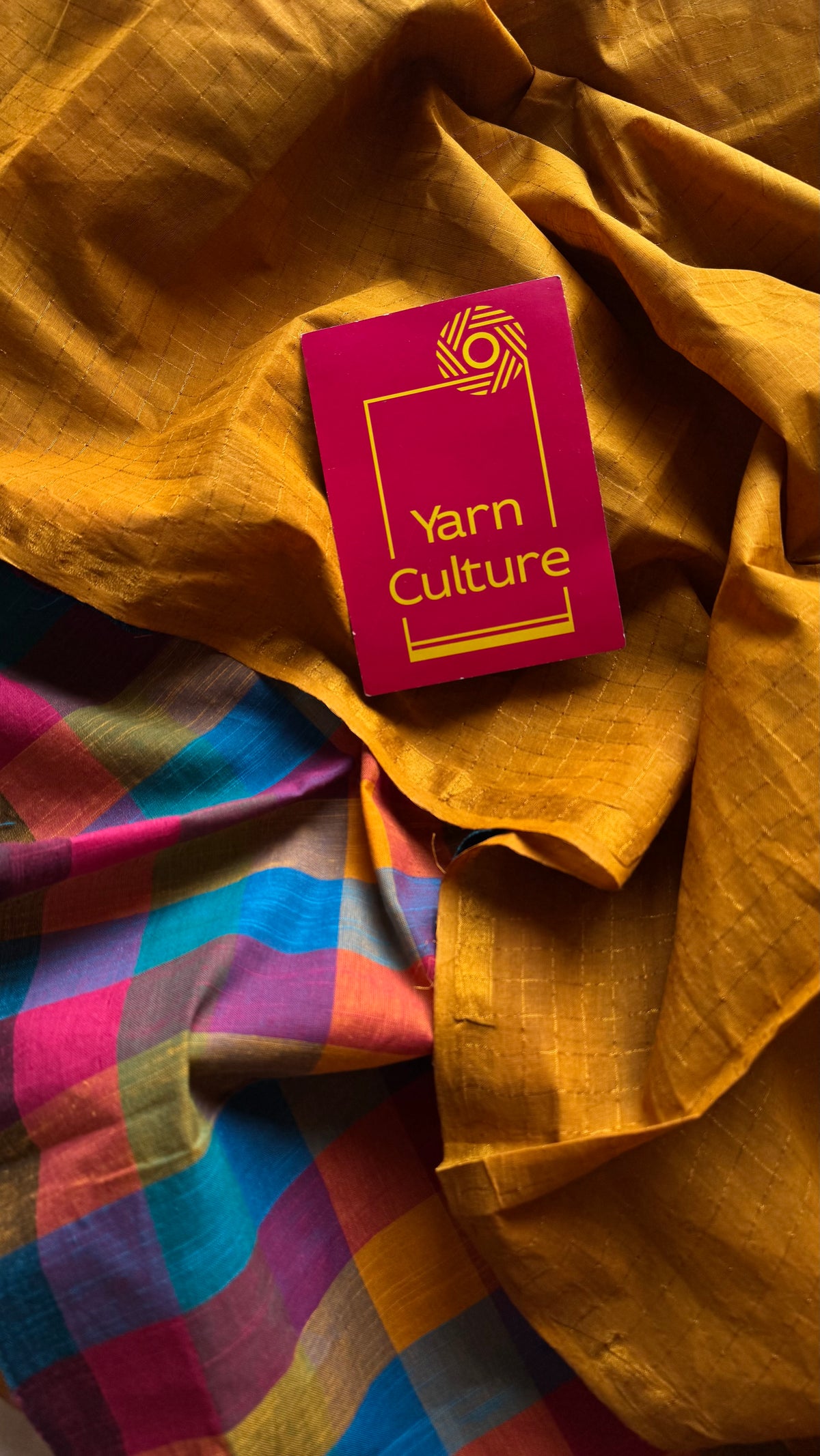 Turmeric yellow mini checks with multicoloured madras checks, cotton half and half saree - YCCOTNIDOC164