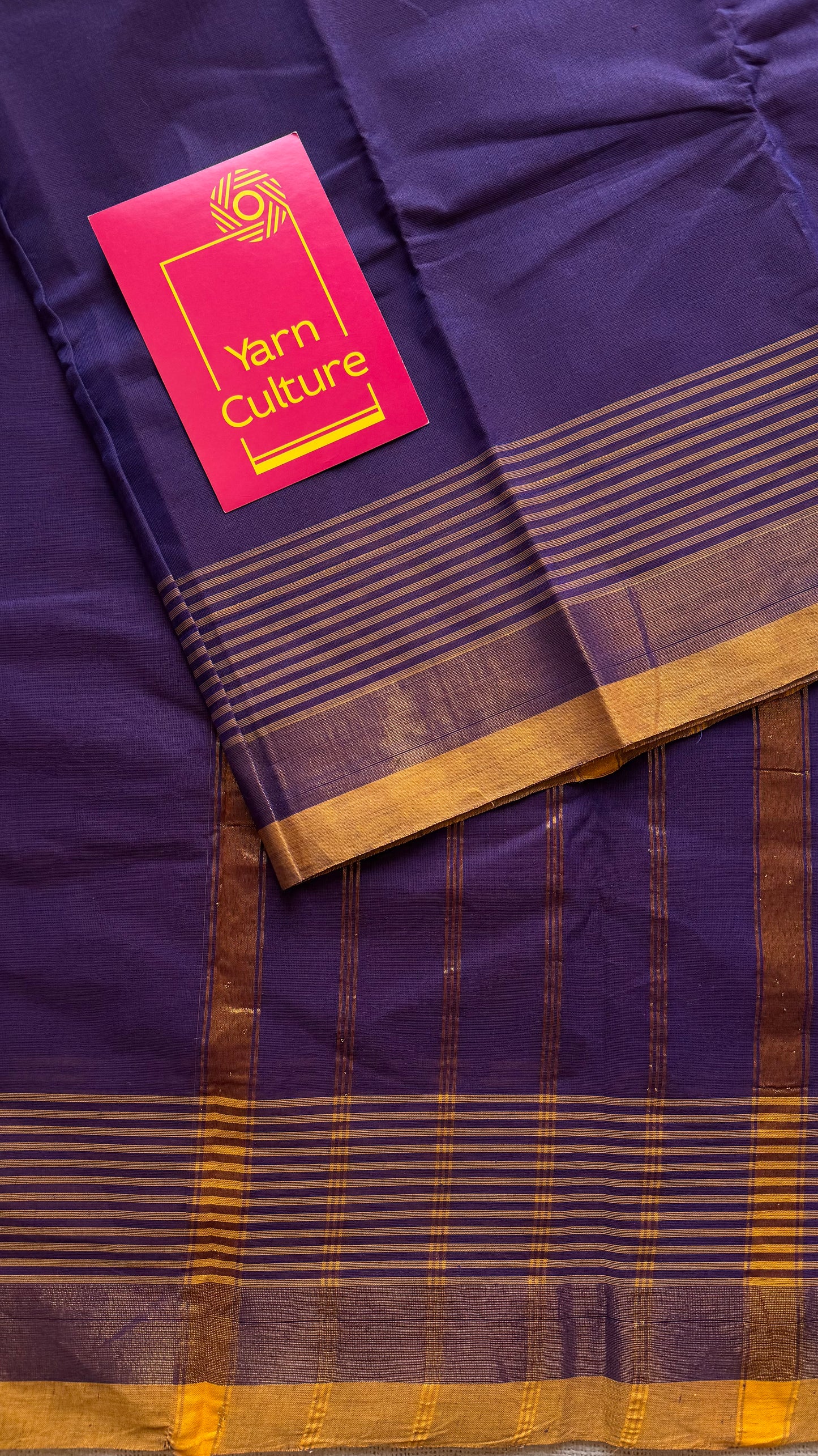 Violet and yellow Chettinad cotton saree with gold striped zari border - YCCOTNCCFE154