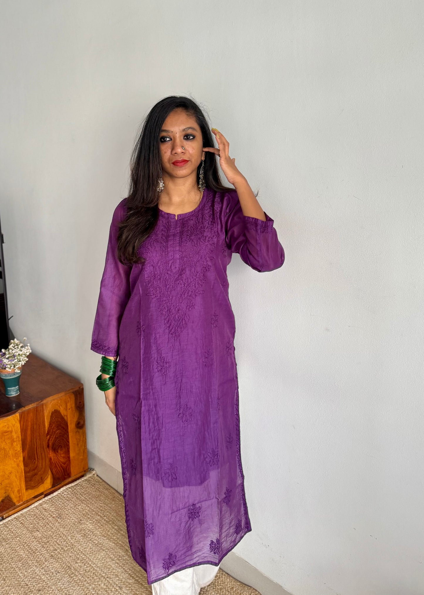 Purple muslin chanderi chikankari with bakhiya work, stitched kurta, round neck, three fourth sleeves - YCSECK25