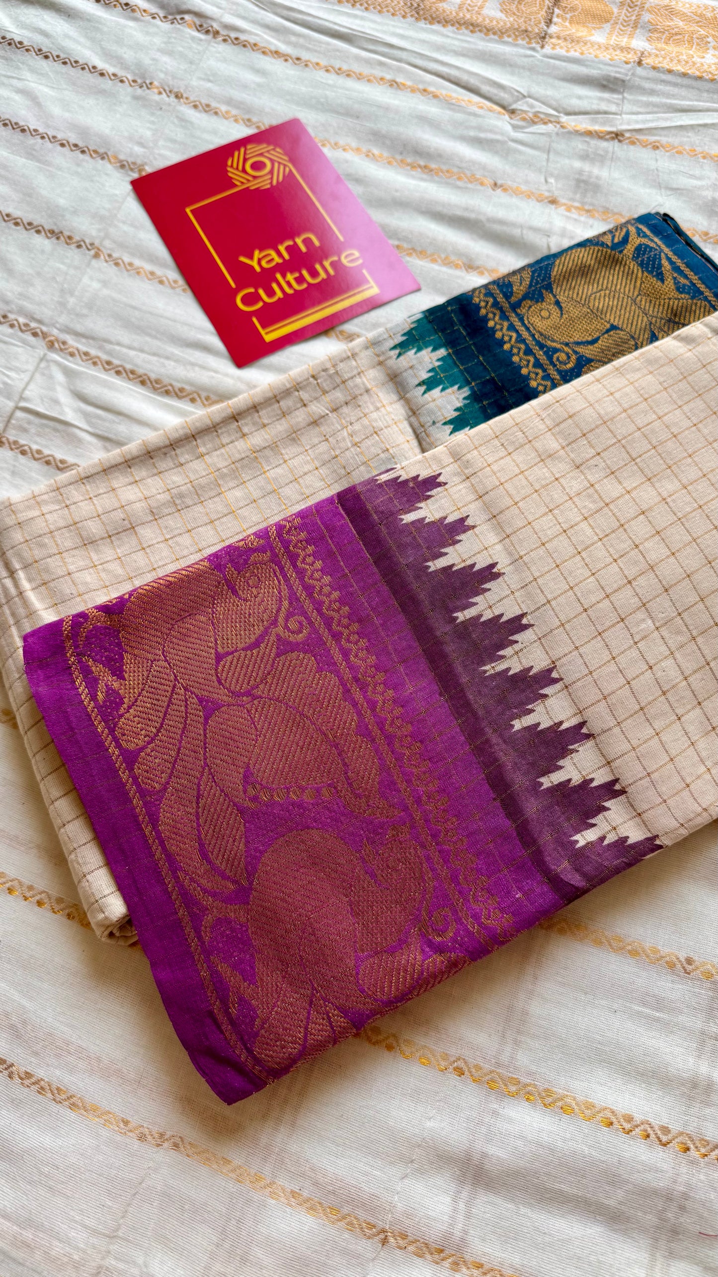 Sungudi cotton checks, ivory gold base, teal and magenta dual tone border, soft cotton - YCIEON101