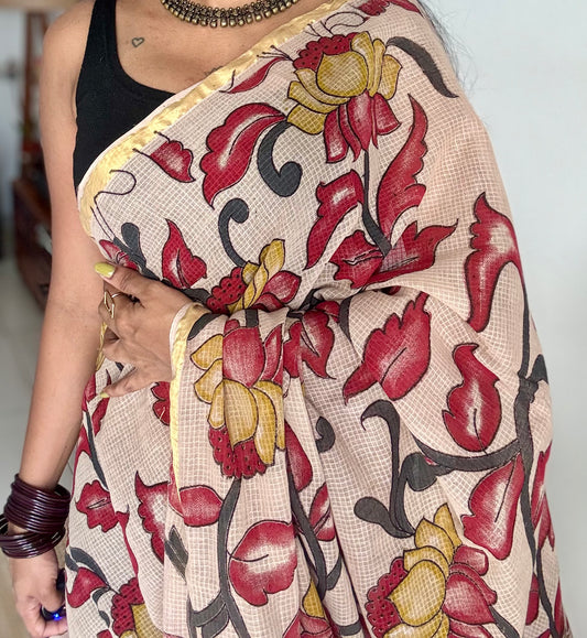 Cream multicoloured floral kalamkari saree in kota - YCWOTDMA357
