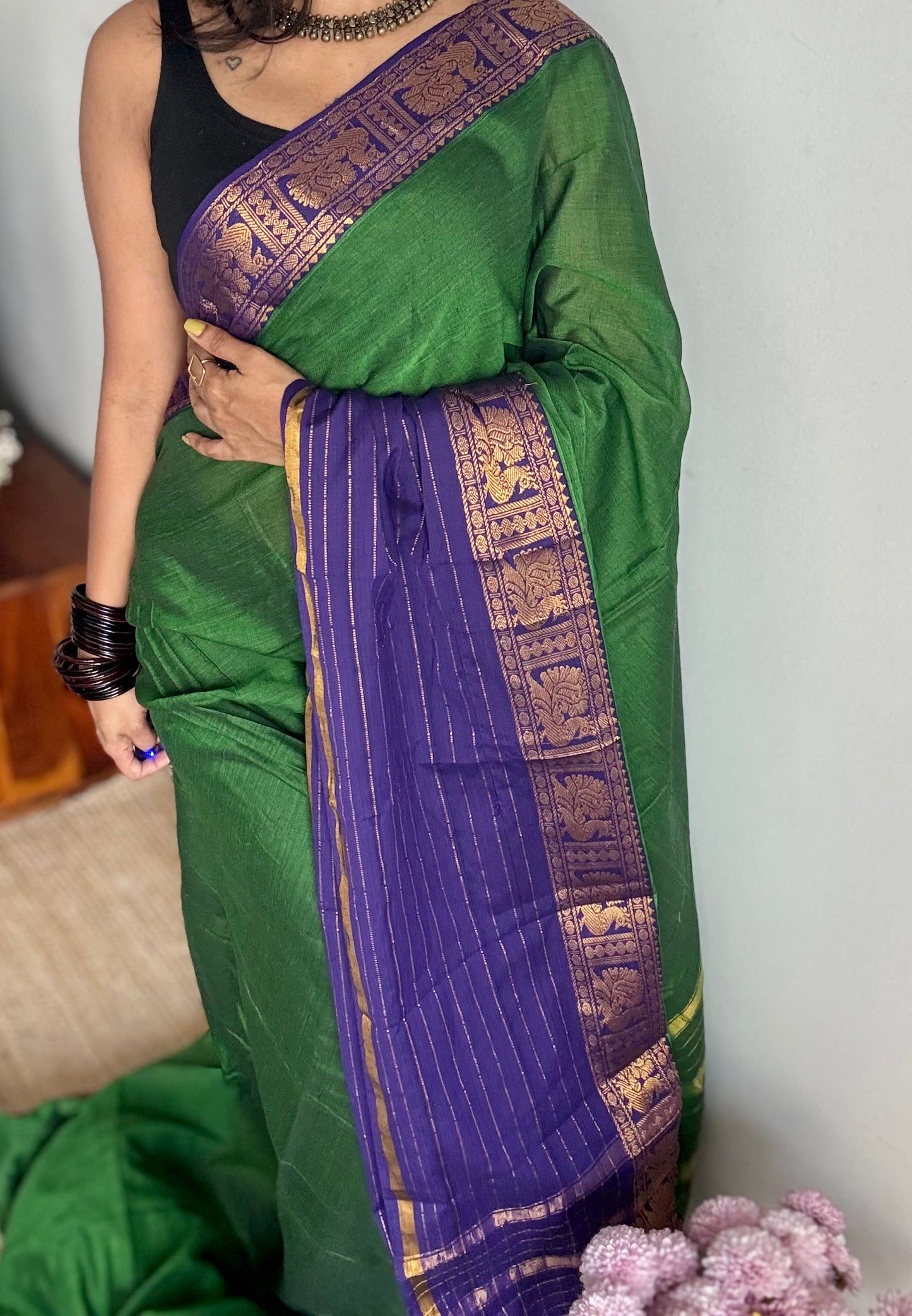 Green with blue border, premium narayanpet soft cotton - YCWOTDNPFE27