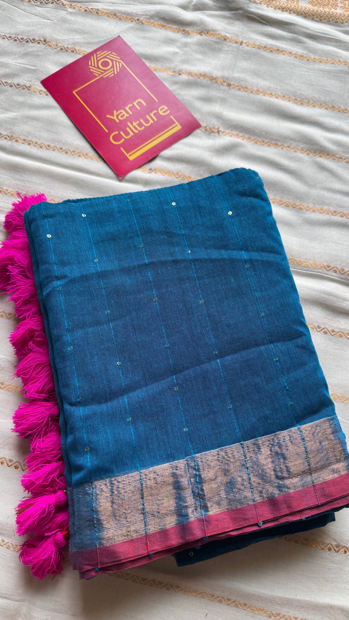 Peacock blue mul cotton saree with sequins and zari border - YCBCMCSE31