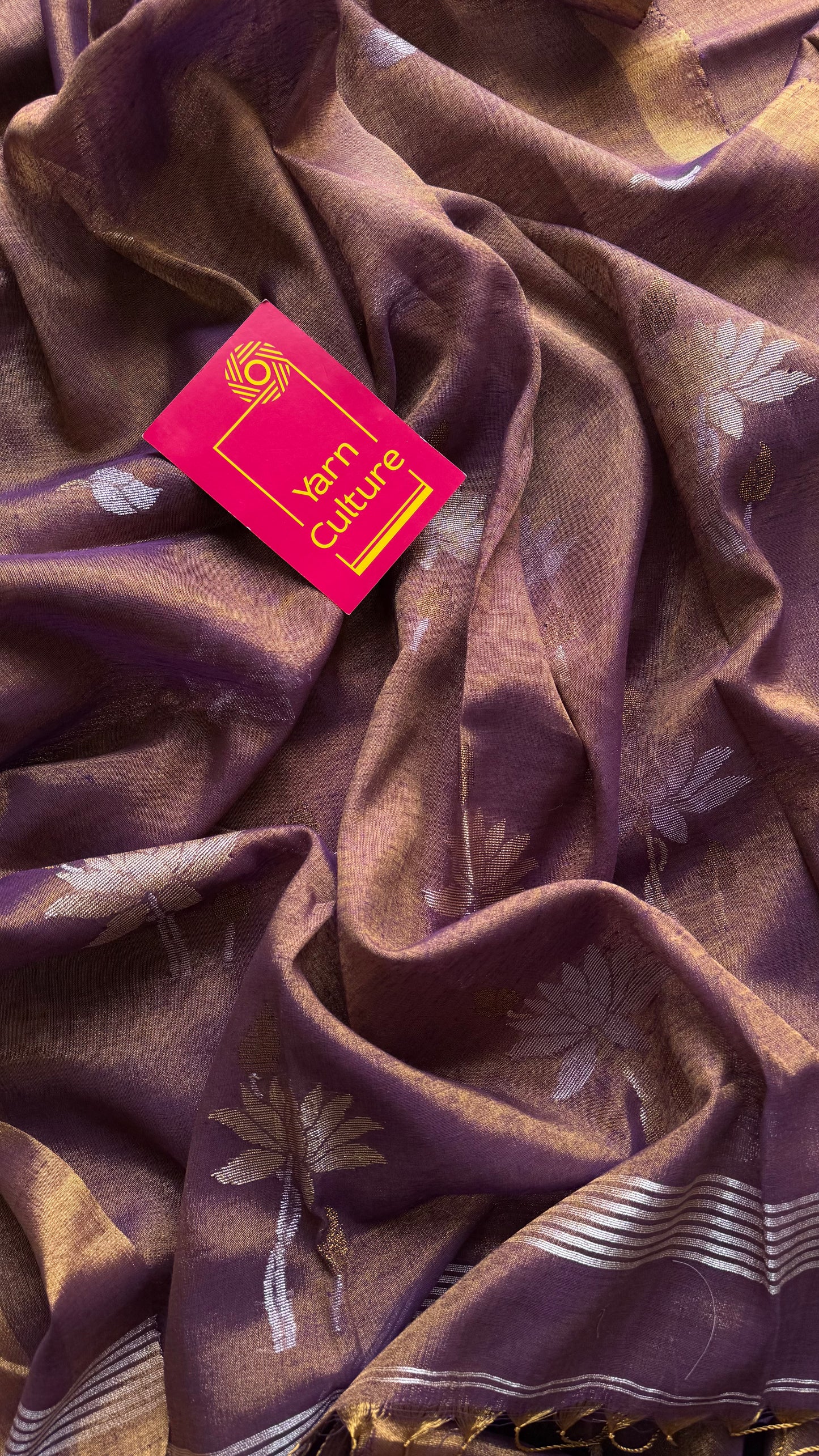 Handwoven purple gold dual tone tissue linen saree with lotus motifs - YCBCLTFE401