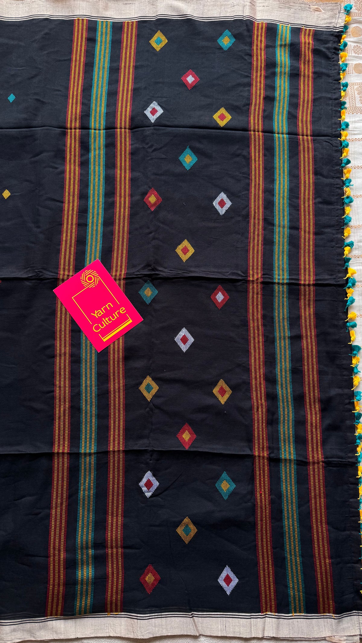 Handloom Bengal soft cotton saree, black with woven buttas and beige borders - YCBCMCSE37