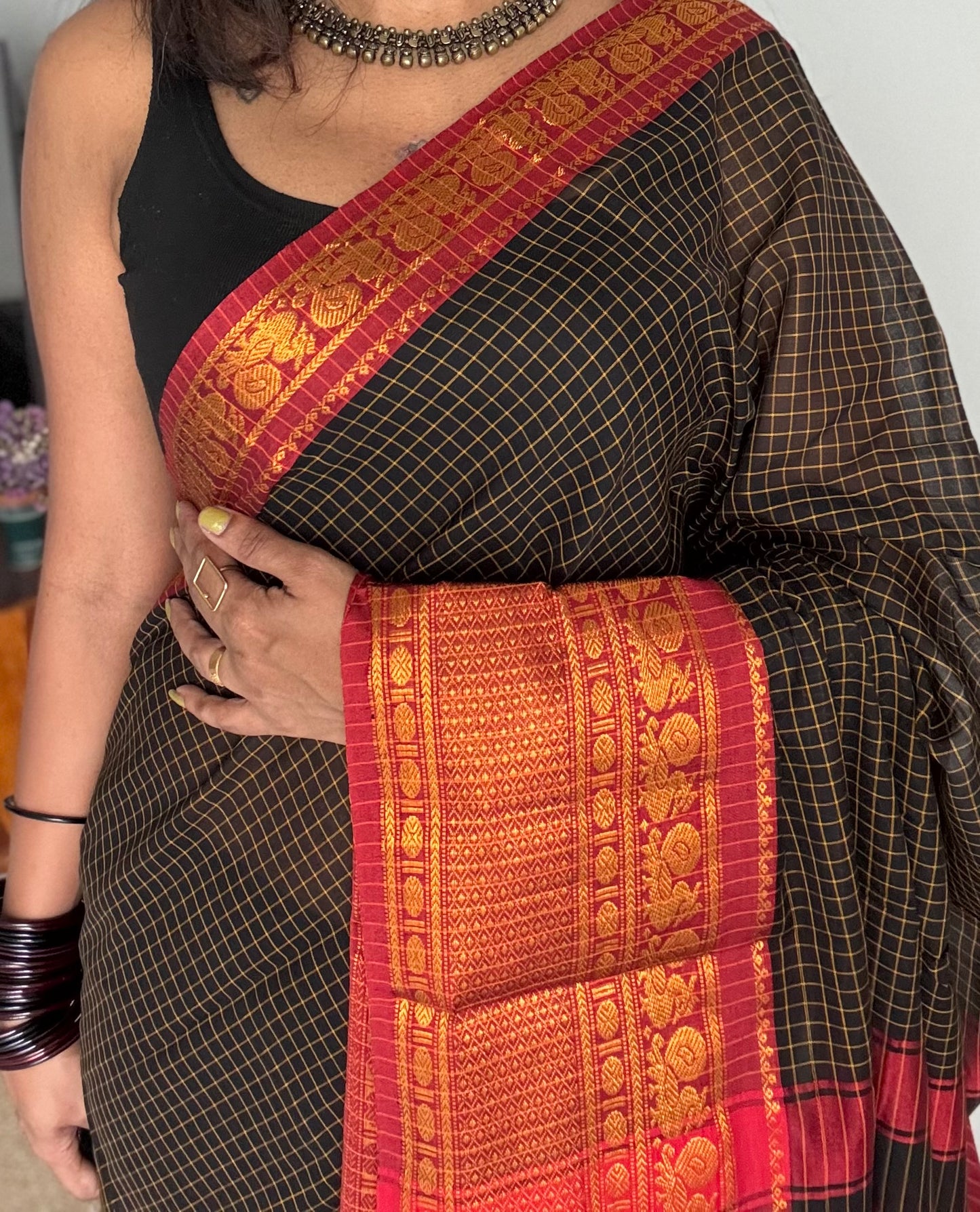 Black checks with red zari border, premium narayanpet, soft cotton - YCWOTDNPCFE20
