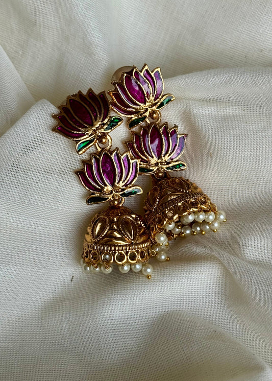 Antique gold purple pink (vadamalli) lotus jhumka - YCAGEJ283