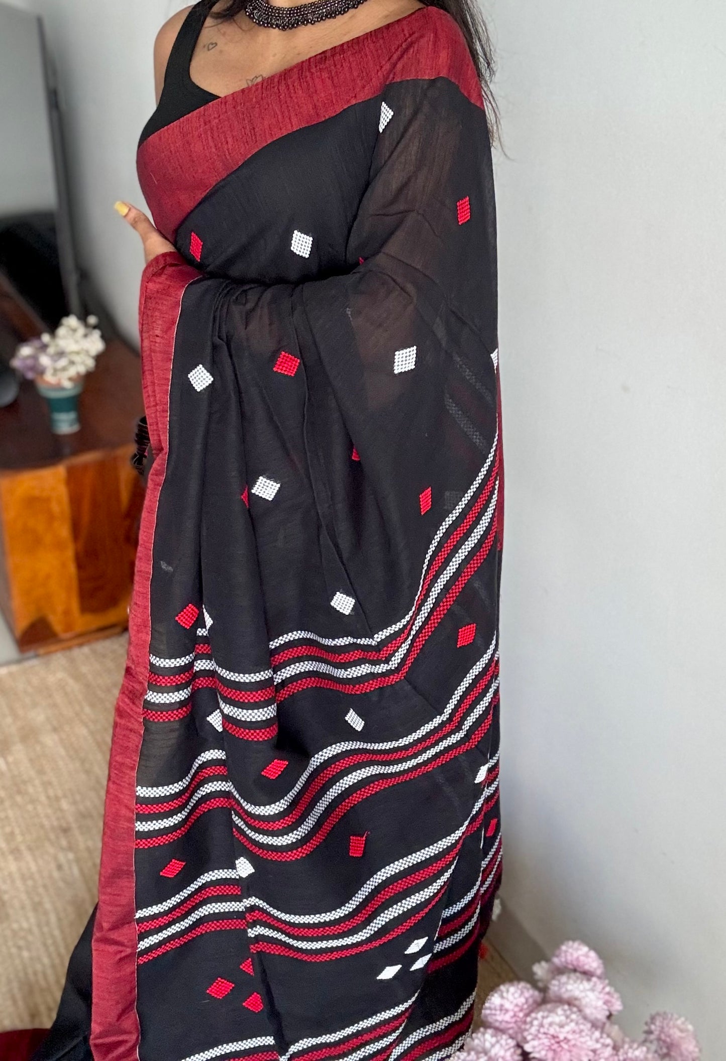 Black with red, soft khadi cotton with woven motifs - YCBCKCDE25