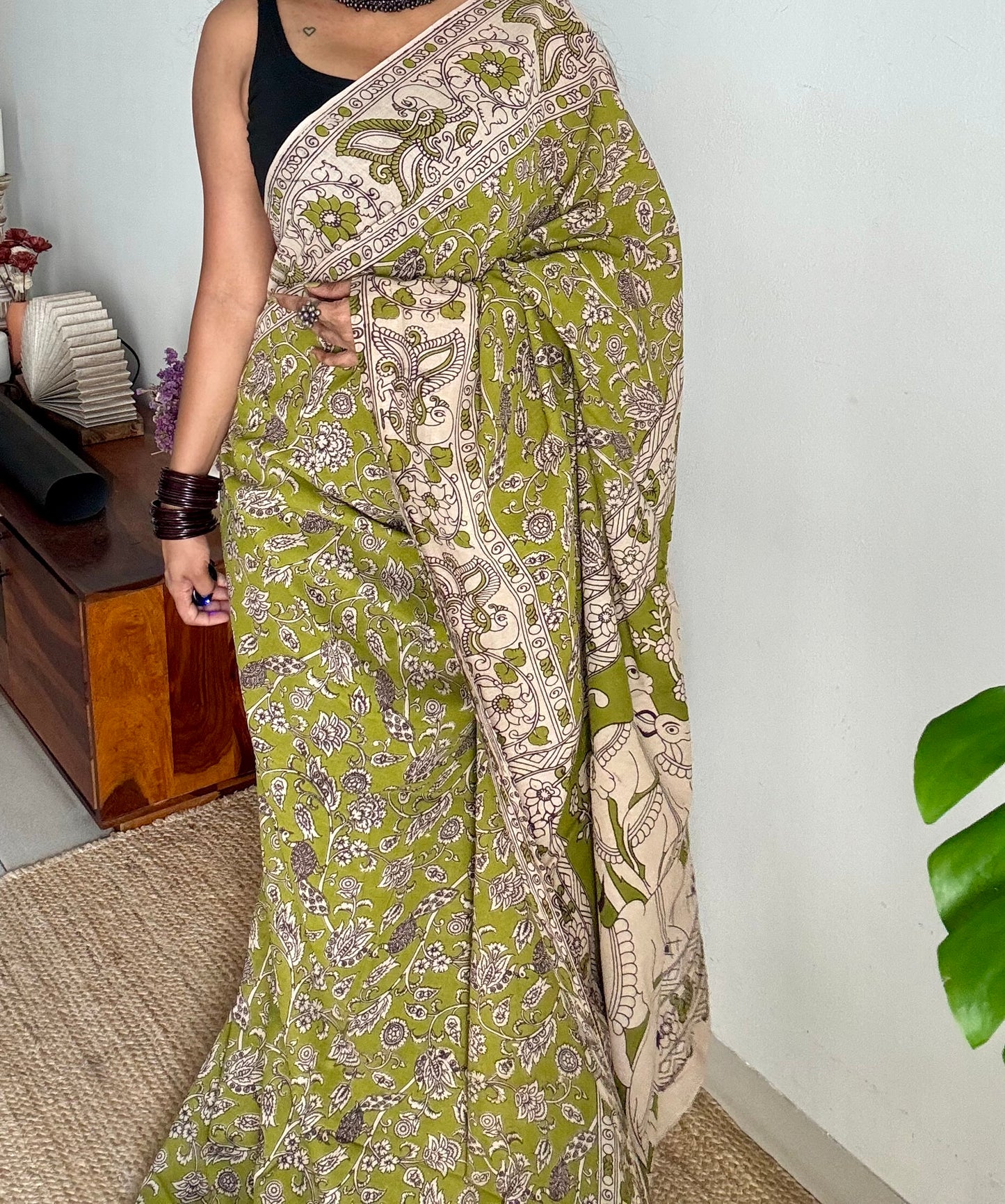 Light green kalamkari saree, floral vines, soft cotton - YCWOTDMA345