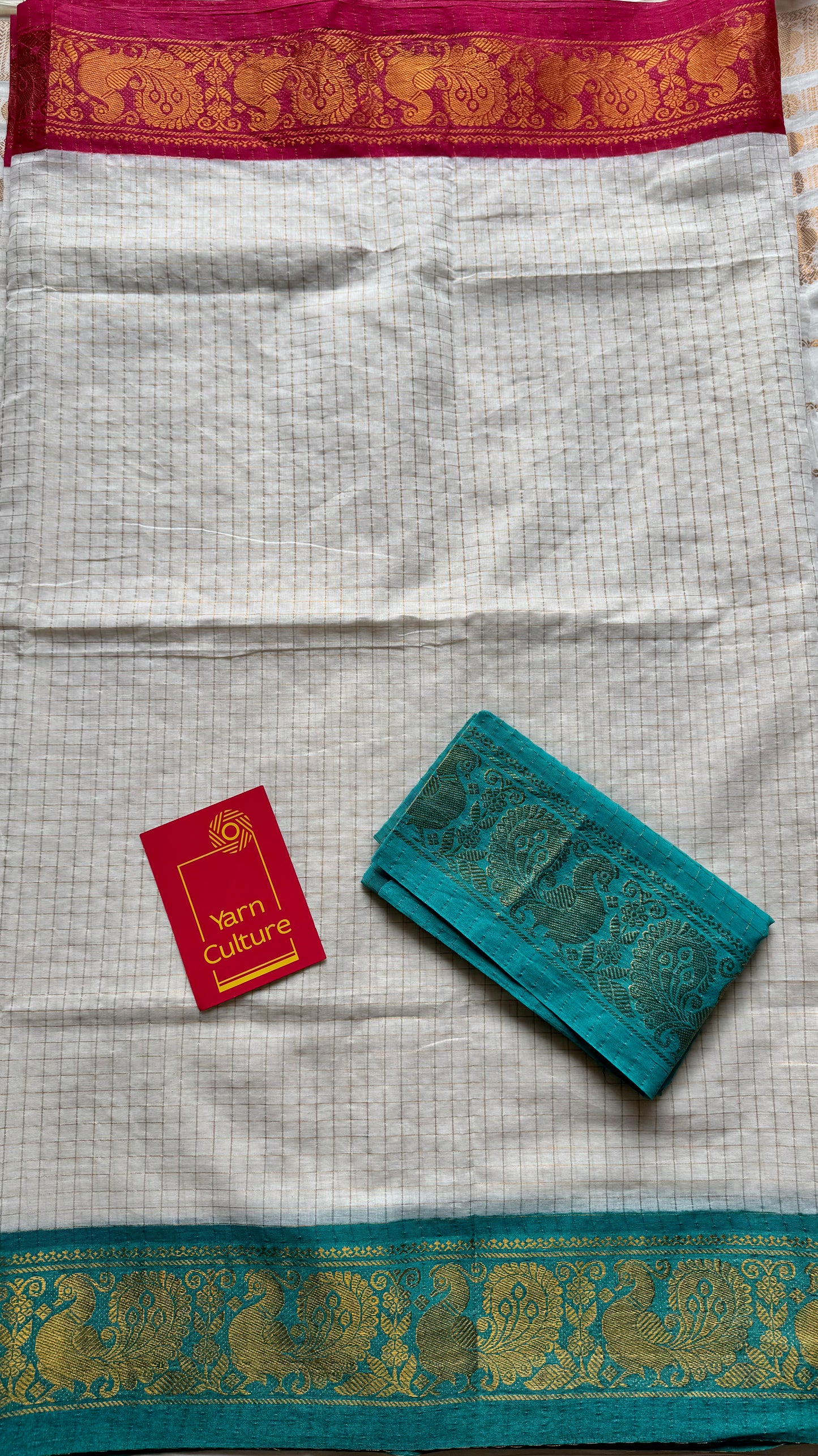 Karthika : Shalabham - Sungudi checks, ivory gold base, red and turquoise blue dual tone border, soft cotton - YCIEON163