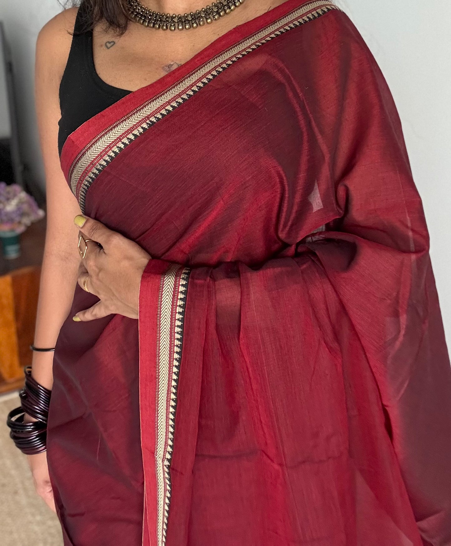 Maroon with red border narayanpet saree, soft cotton - YCWOTDNPFE30