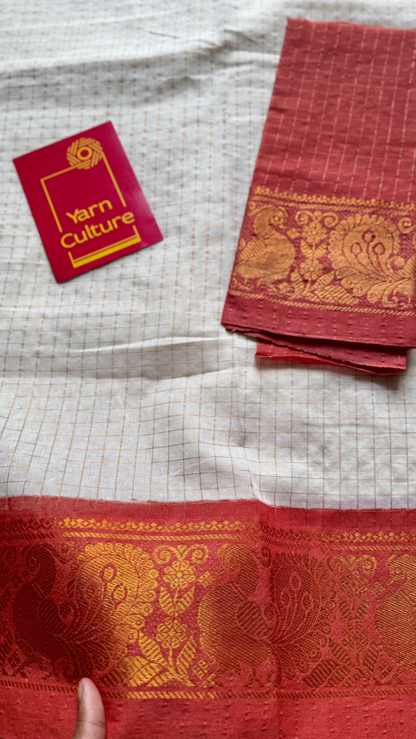 Namita : Kanakambaram - Sungudi checks, ivory gold base, brown and orange dual tone border, soft cotton - YCIEON160