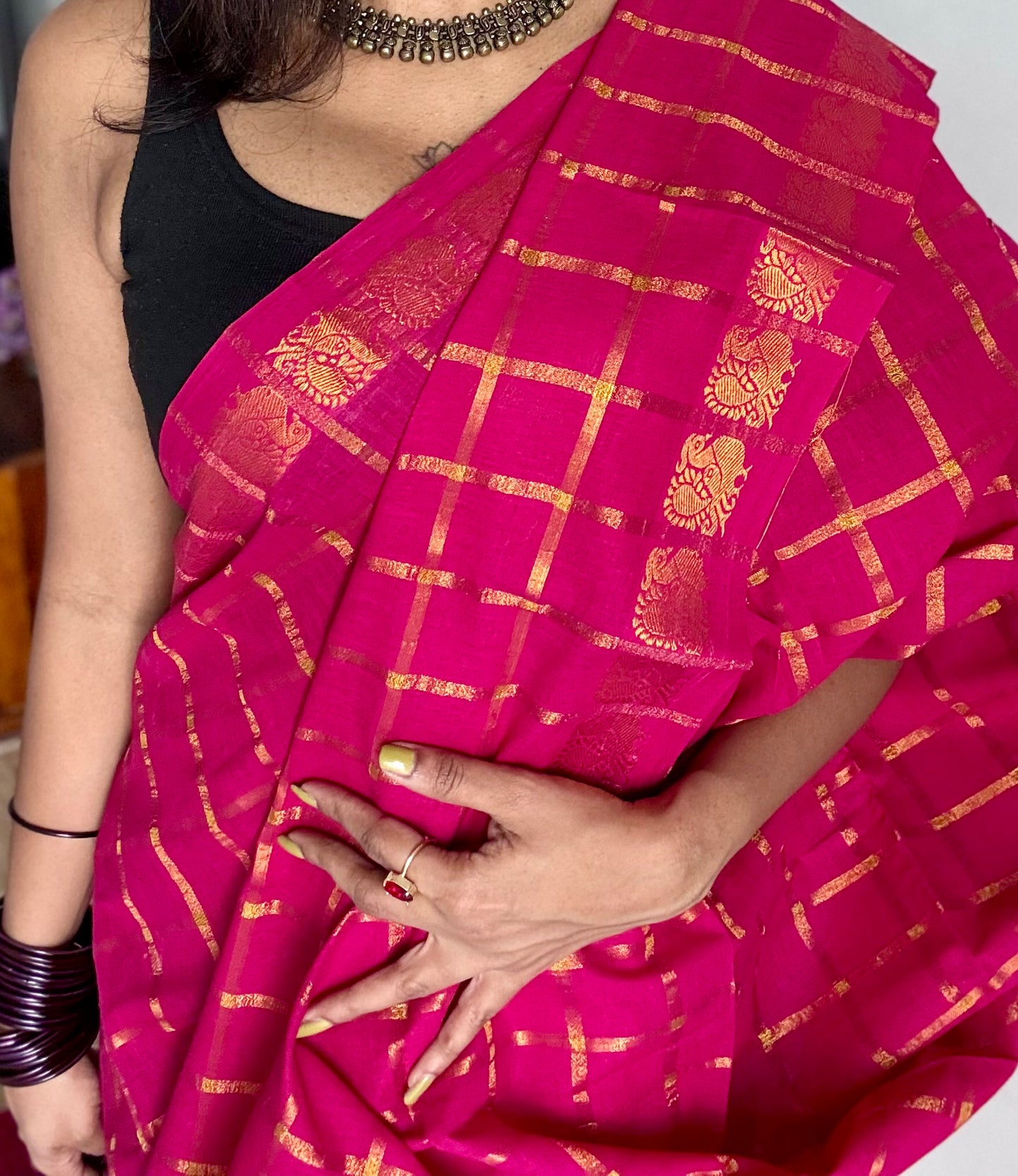 Magenta pavithra kattam kattuchayam dyed madurai cotton saree - YCCOTNMSFE137
