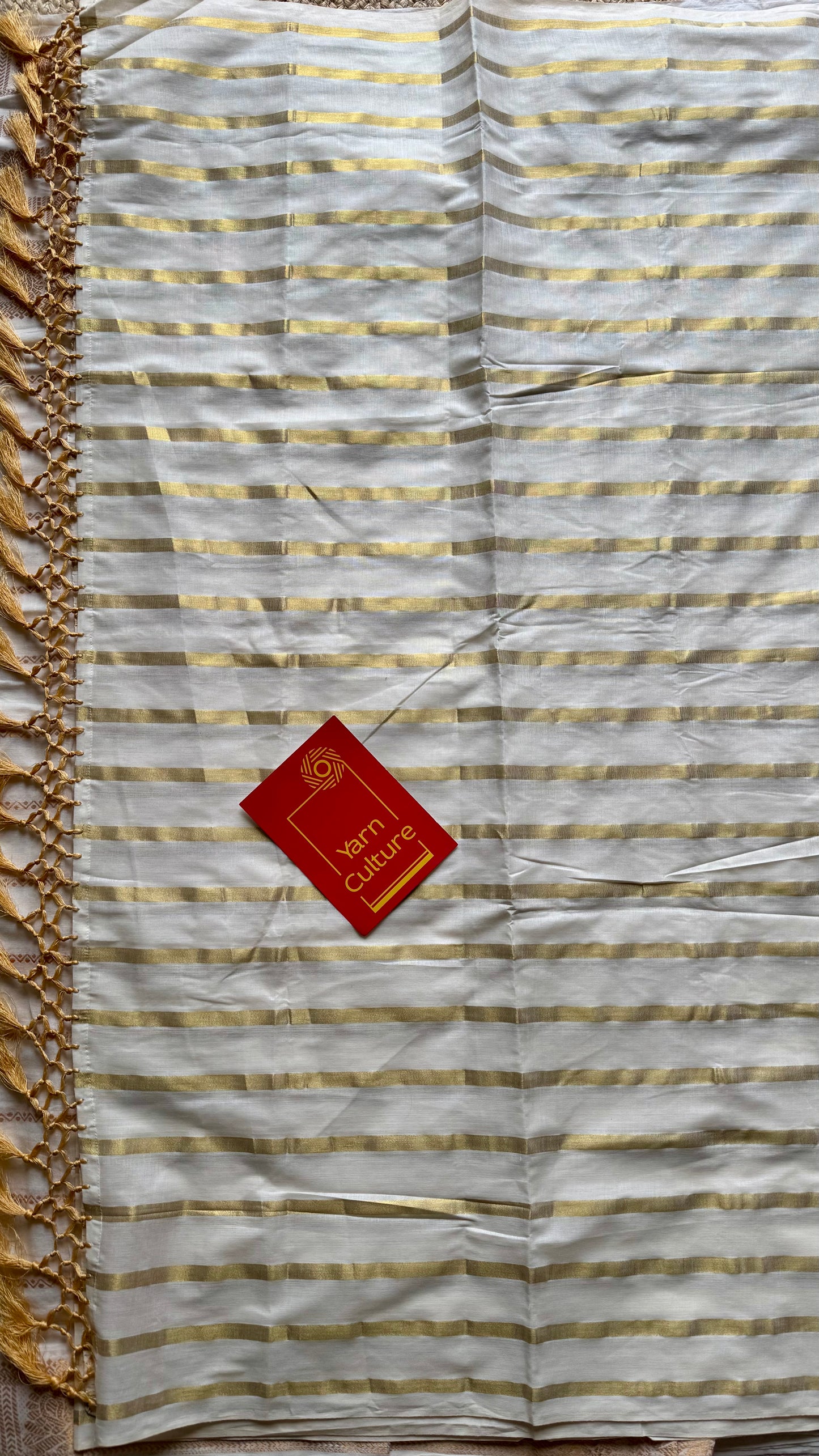 Ivory and gold soft cotton kasavu saree, broad gold stripes - YCIEON81
