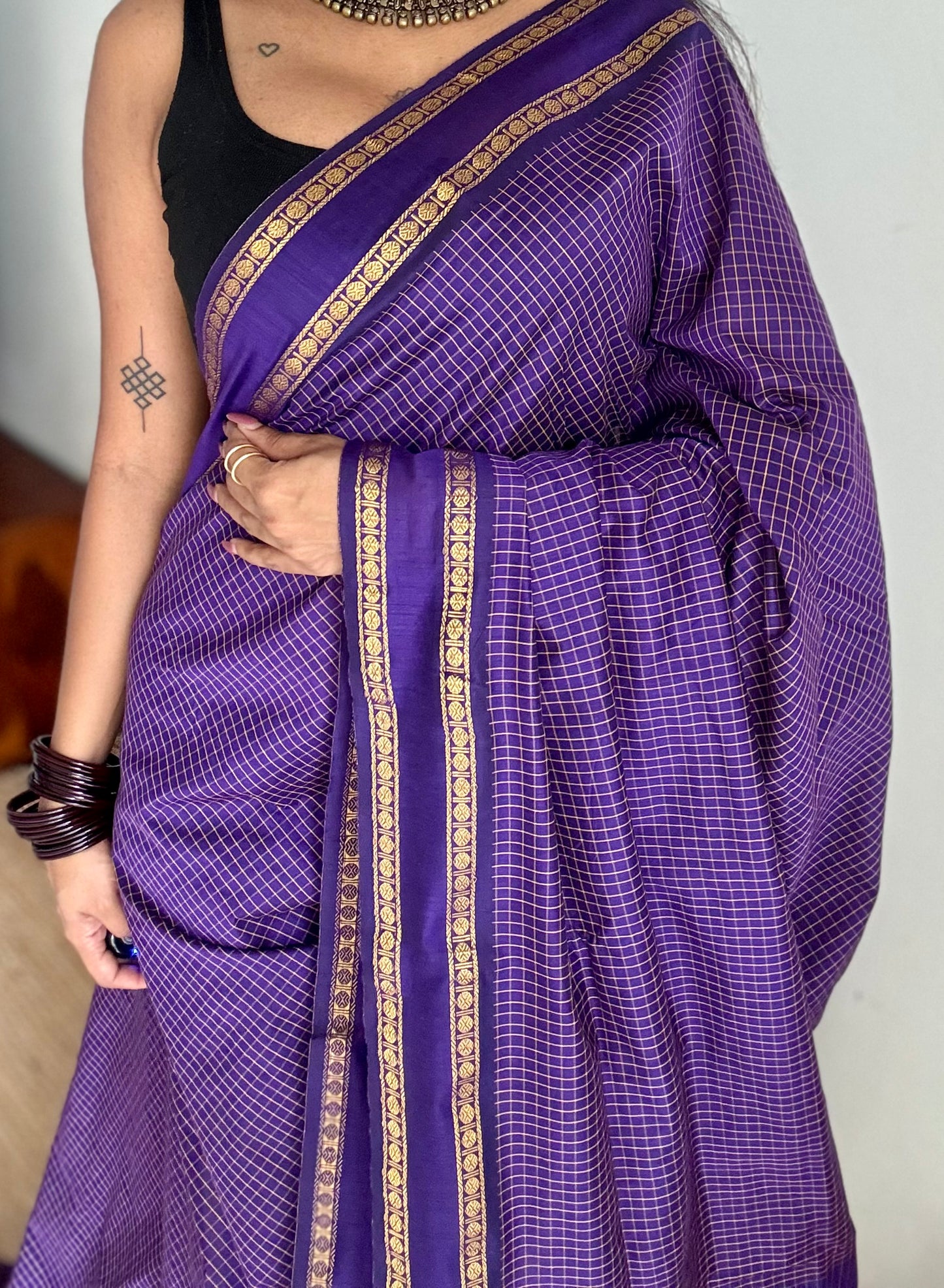 Purple violet, arani checks saree, cotton silk - YCCOTNAUG19