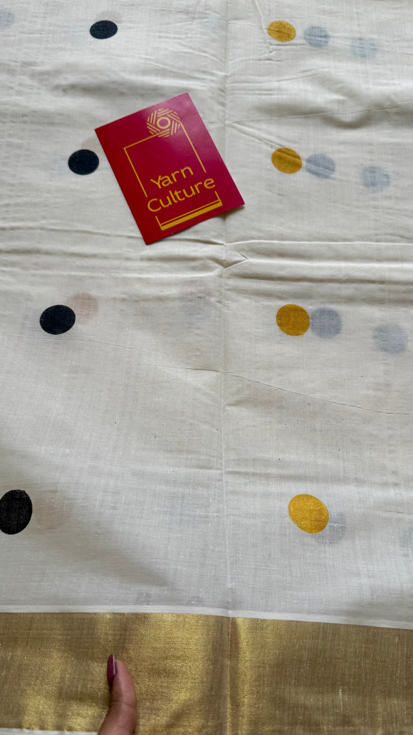 Ivory and gold soft cotton kasavu saree, black and yellow polka - YCIEON72