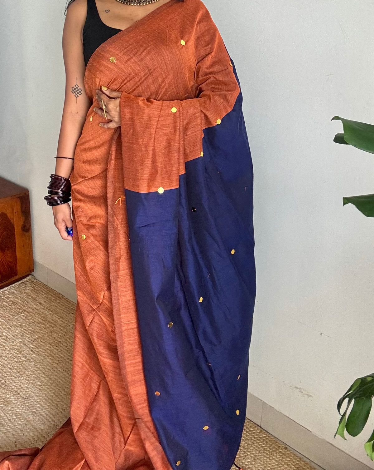 Orange with blue contrast pallu, gini sequins, soft cotton saree - YCBCSCOC08