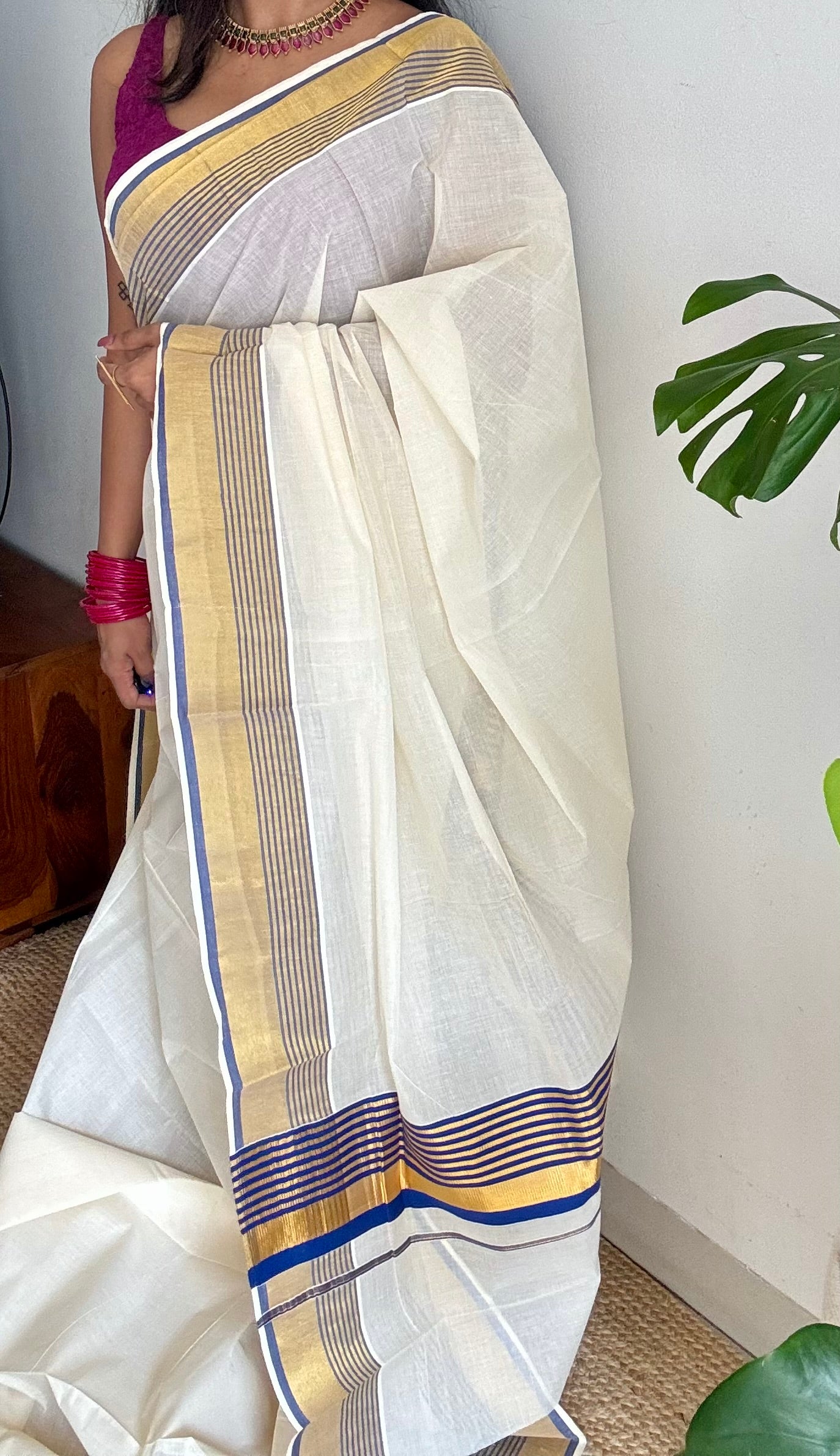 Ivory and gold soft cotton saree, royal blue border - YCIEON77