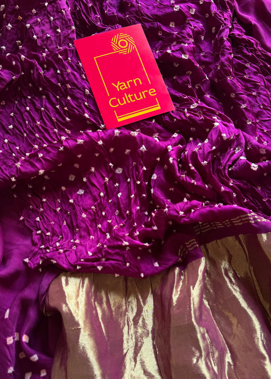 Purple pink (vadamalli) crushed bandhej pure modal silk saree with lagdi patta zari pallu - YCTOKBM329
