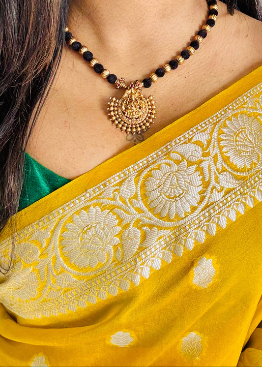 Black with gold beads, temple pendant in antique gold finish neckpiece - YCGPNP645