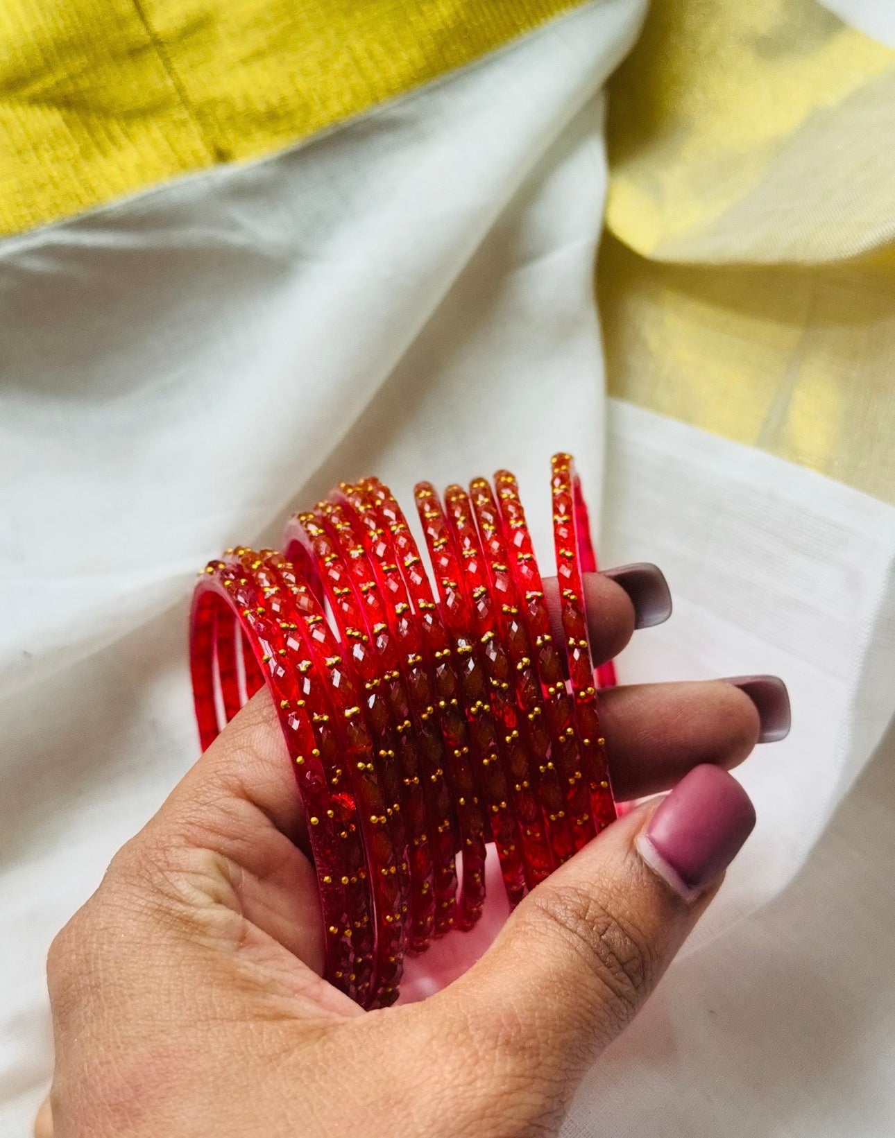 Red raindrop glass bangles, set of 12 - YCBANGL845